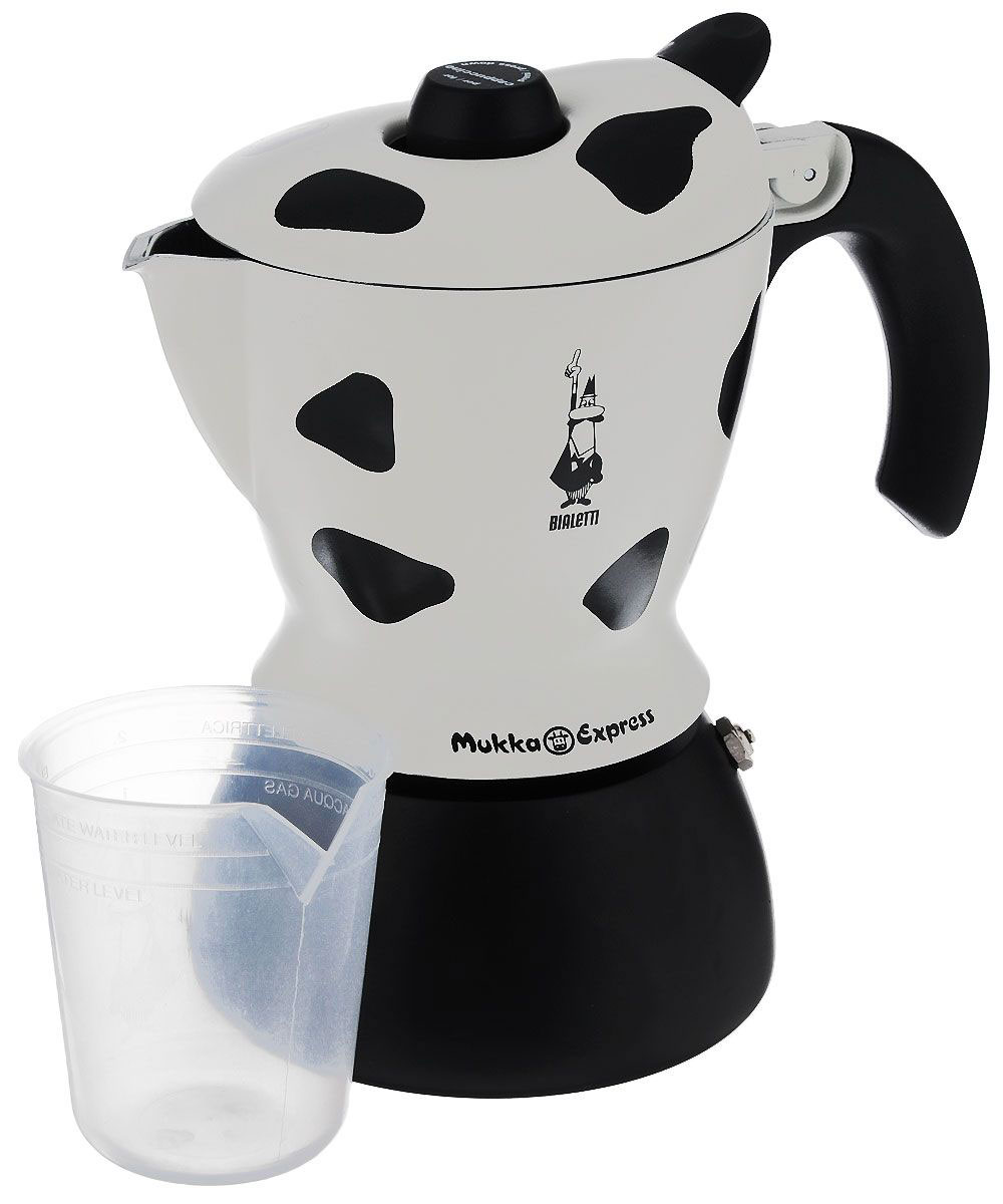 Кофеварка гейзерная Bialetti Mukka Express, цвет: черный, белый, на 2 чашки3418 Кофеварка гейзерная Bialetti Mukka Express, цвет: черный, белый, на 2 чашки3418Компактная гейзерная кофеварка Bialetti Mukka Express изготовлена из высококачественного алюминия. Объема кофе хватает на 2 чашки. Изделие оснащено удобной ручкой из бакелита. Принцип работы такой гейзерной кофеварки - кофе заваривается путем многократного прохождения горячей воды или пара через слой молотого кофе. Удобство кофеварки в том, что вся кофейная гуща остается во внутренней емкости. Гейзерные кофеварки пользуются большой популярностью благодаря изысканному аромату. Кофе получается крепкий и насыщенный. Теперь и дома вы сможете насладиться великолепным эспрессо. Подходит для газовых, электрических и стеклокерамических плит. Нельзя мыть в посудомоечной машине. Высота (с учетом крышки): 21 см. Вместимость: 220 мл.