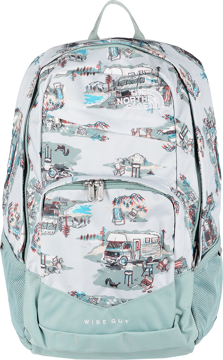 Рюкзак The North Face, цвет: серо-голубой. CHH9_RTFT0CHH9RTF Рюкзак The North Face, цвет: серо-голубой. CHH9_RTFT0CHH9RTFМодный городской рюкзак The North Face выполнен из качественного полиэстера. Носится модель с помощью мягких наплечных лямок, которые регулируются по длине. Изделие имеет одно основное отделение, внутри которого находятся накладной сетчатый кармашек на липучке и накладной карман открытого типа для планшета. Закрывается рюкзак на застежку- молнию. Снаружи, на передней стенке расположен прорезной карман-органайзер на застежке-молнии, внутри которого расположен один держатель для авторучки, один накладной карман с двумя нашитыми кармашками. По бокам расположены открытые накладные карманы из сетчатой ткани, а также рюкзак оснащен передним втачным карманом на молнии. Оформлен рюкзак оригинальным принтом и нашивкой с названием бренда.
