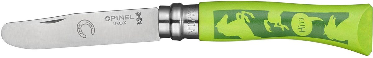 Нож Opinel My First Opinel №07, длина клинка 8 см, цвет: зеленый001702 Нож Opinel My First Opinel №07, длина клинка 8 см, цвет: зеленый001702Нож Opinel №7, нержавеющая сталь, закругленное лезвие, мой первый Opinel, рисунок на рукояти - лошадь. Маленьким любителям приключений и мастерам на все руки этот нож придется по душе. Девиз этого ножа Opinel есть у дедушки и папы, я тоже хочу такой! Характеристики ножа: Материал лезвия: сталь Sandvik 12C27 Материал рукояти: окрашенный бук, основной цвет - зеленый, рисунок - лошадь Тип ножевого замка: Viroblock Приспособление для открытия клинка: насечка на лезвии Длина лезвия, см: 8 Длина ножа, см: 17,3 Ширина лезвия, см: 1,6 Длина в сложенном положении, см: 10 Вес, гр: 25 Вес ножа с упаковкой, гр: 50 Viroblock - оригинальное запорное устройство, представляющее собой кольцо с прорезью, которое, будучи повернуто относительно оси ножа, упирается в пятку клинка и не доет ножу самопроизвольно складываться при работе или раскладываться в кармане. Конструкция эта защищена патентом и устанавливается на ножи Opinel с 1955...
