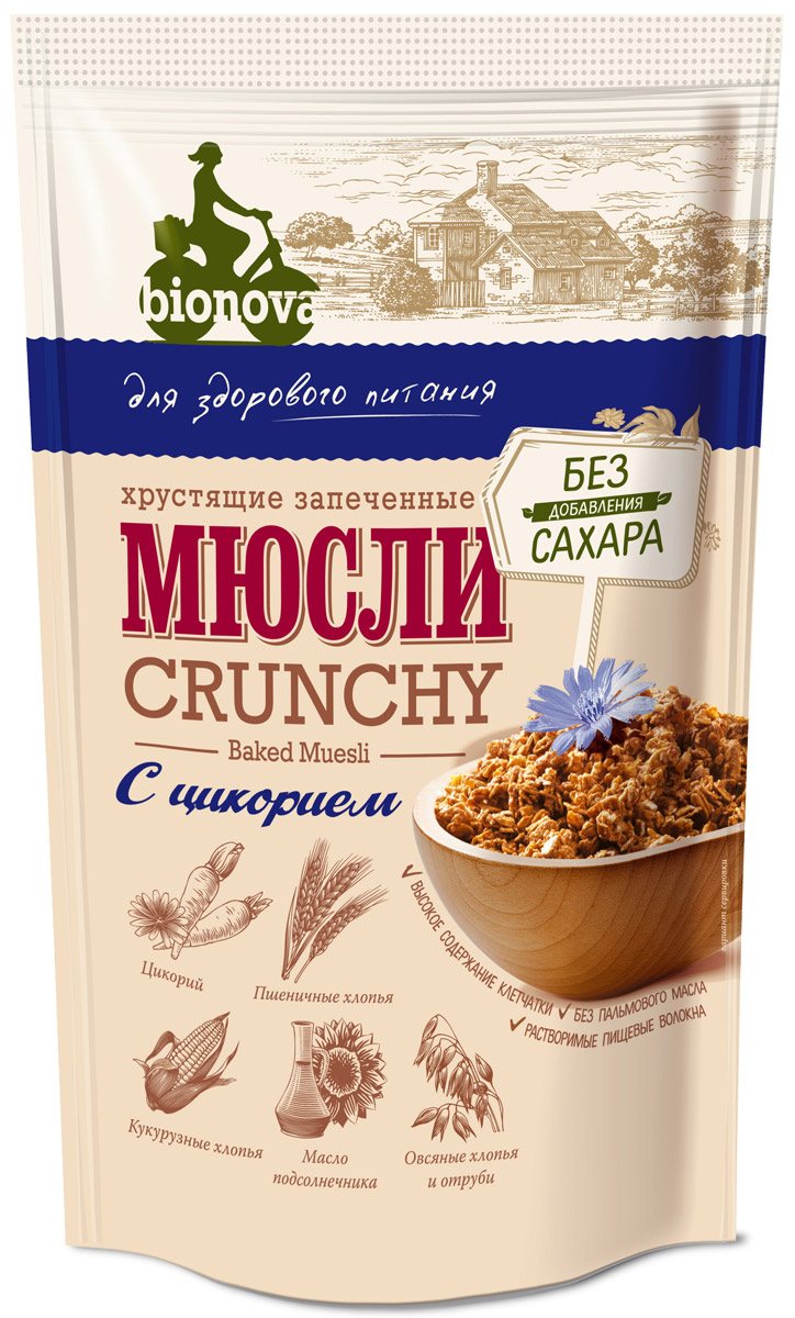 Bionova мюсли хрустящие запеченные С цикорием, 400 г4607013792210 Bionova мюсли хрустящие запеченные С цикорием, 400 г4607013792210Bionova - это хрустящие запеченные мюсли без добавления сахара и пальмового масла, которые содержат цельные орехи, фрукты и ягоды, а также природное пищевое волокно - клетчатку.