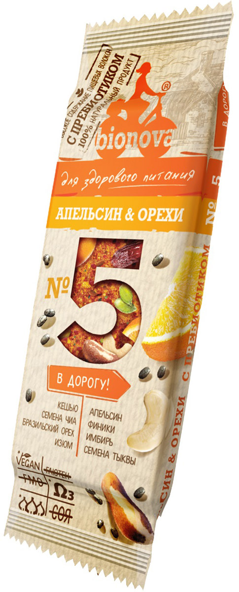 Bionova фруктово-ореховый батончик с апельсином, 35 г4607013792777 Bionova фруктово-ореховый батончик с апельсином, 35 г4607013792777В дорогу! Для бодрости и позитива в путешествии! Утолит голод и придаст сил. Любите путешествовать? Незаменимый в дороге батончик с апельсином, имбирем и бразильским орехом. Восполнит энергию, продлит чувство сытости, добавит остроты ощущениям. Не займет много места в рюкзаке! 100 % натуральный продукт; Не содержит ГМО, глютен, холестерин, сою и молоко; Без добавления сахара, красителей, консервантов и ароматизаторов; Высокое содержание пищевых волокон; Высокое содержание Омега-3-полиненасыщенных жирных кислот; Содержит инулин – пребиотик, улучшающий микрофлору кишечника, стимулирующий рост и активность полезных бифидобактерий; Подходит веганам; Можно употреблять в пост; Удобно взять с собой.