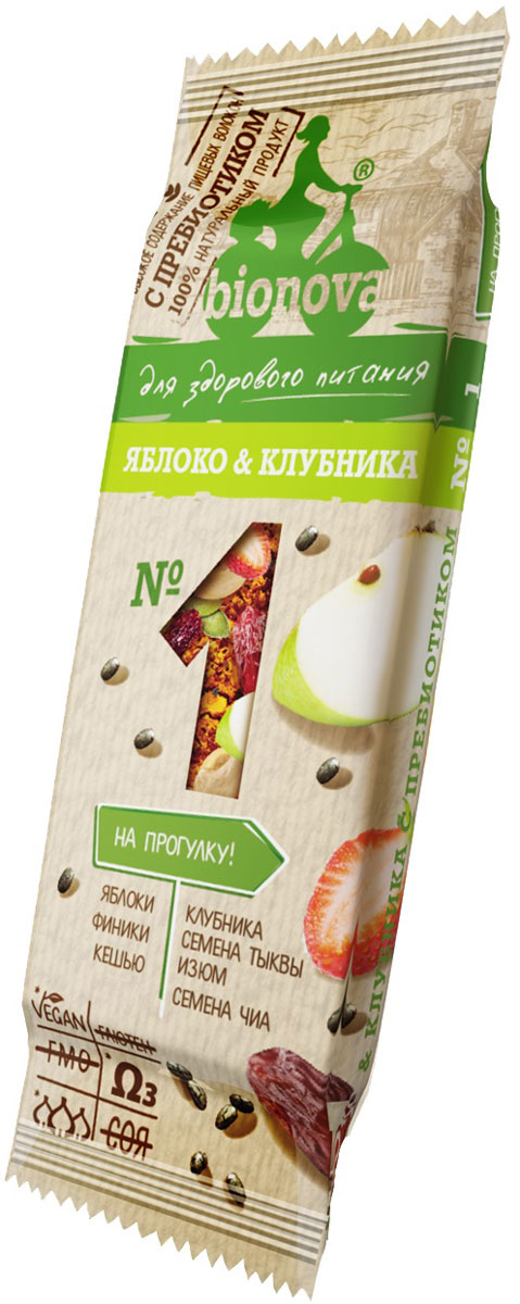Bionova фруктово-ореховый батончик с яблоком и клубникой, 35 г4607013792838 Bionova фруктово-ореховый батончик с яблоком и клубникой, 35 г4607013792838На прогулку! Для хорошей прогулки! Поднимет настроение в любую погоду. Прогулка с друзьями? Не забудь взять с собой пару батончиков с яблоком и клубникой для себя и друга. Наполнит энергией, поддержит силы и настроение. 100 % натуральный продукт; Не содержит ГМО, глютен, холестерин, сою и молоко; Без добавления сахара, красителей, консервантов и ароматизаторов; Высокое содержание пищевых волокон; Высокое содержание Омега-3-полиненасыщенных жирных кислот; Содержит инулин – пребиотик, улучшающий микрофлору кишечника, стимулирующий рост и активность полезных бифидобактерий; Подходит веганам; Можно употреблять в пост; Удобно взять с собой.
