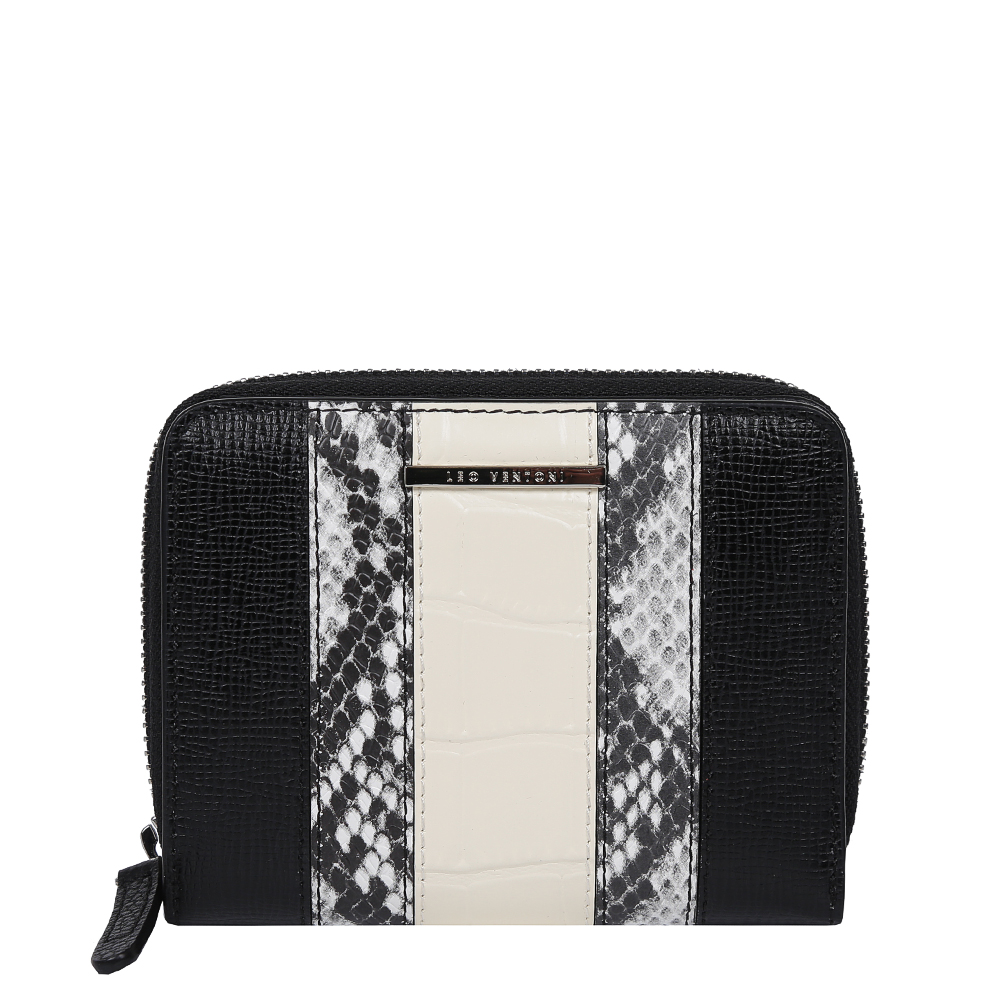 Кошелек женский Leo Ventoni, цвет: черный, белый. L330984L330984-nero/bianco Кошелек женский Leo Ventoni, цвет: черный, белый. L330984L330984-nero/biancoАристократичный женский кошелек от итальянского бренда Leo Ventoni выполнен из натуральной кожи с комбинированной отделкой. Изысканное сочетание черного, серого и белого цветов превращают кошелек в изящный аксессуар, который придется по вкусу любительницам аристократичных аксессуаров. Дизайнерское тиснение под рептилию прекрасно дополнят любой современный образ. Внутри модели находится одно отделение для купюр, а также 5 отсеков дисконтных карт. На тыльной стороне имеется карман на молнии для мелочи. Кошелек закрывается на молнию с кожаным поводком.