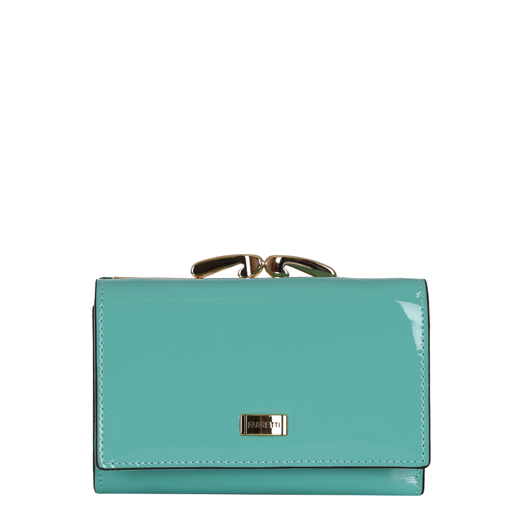 Кошелек женский Fabretti, цвет: мятный. 5050450504-green L Кошелек женский Fabretti, цвет: мятный. 5050450504-green LЯркий женский кошелек от итальянского бренда Fabretti выполнен из натуральной лакированной кожи, которая имеет невероятно гладкую фактуру. Сочный и насыщенный мятный цвет и фурнитура в золотом оттенке превращают модель в невероятно изящный и модный аксессуар. Внутри находится три вместительных отделения для купюр, а также 7 карманов для кредитных и дисконтных карточек. В этом изделии вы с легкостью сможете носить свою самую любимую фотографию. На тыльной стороне аксессуара дизайнеры разместили вместительный карман для мелочи с элегантным рамочным замком. Кошелек закрывается на прочную заклепку.