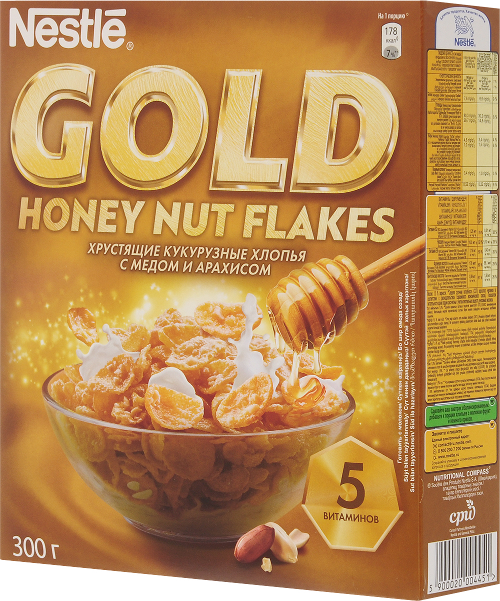 Nestle Gold Honey Nut Flakes готовый завтрак, 300 г12254821 Nestle Gold Honey Nut Flakes готовый завтрак, 300 г12254821Готовый завтрак Nestle Gold Honey Nut Flakes - это отличный завтрак для всей семьи. Хрустящие кукурузные хлопья с медом и арахисом дополнительно обогащены комплексом витаминов. Каждая порция готового завтрака более чем на 15% удовлетворяет рекомендуемую суточную потребность в витаминах B2, B3 (ниацине), B5 (пантотеновой кислоте), B6 и B9 (фолиевой кислоте). Вы любите начинать утро с полезного, качественного и вкусного завтрака? Вы привыкли выбирать для себя только самое лучшее? Тогда кукурузные хлопья с медом и арахисом Gold Honey Nut Flakes - для вас! Хлопья рекомендуется употреблять с молоком, кефиром, йогуртом или соком. Уважаемые клиенты! Обращаем ваше внимание на то, что упаковка может иметь несколько видов дизайна. Поставка осуществляется в зависимости от наличия на складе.
