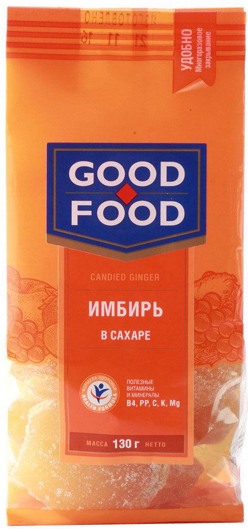 Good Food имбирь в сахаре, 130 г4620000678595 Good Food имбирь в сахаре, 130 г4620000678595Имбирь в сахаре – лакомство поистине уникальное. Чего стоит один только вкус – специфическая горечь и острота жгучей приправы соединяются со сладостью сахара и дают совершенно удивительный вкусовой оттенок.
