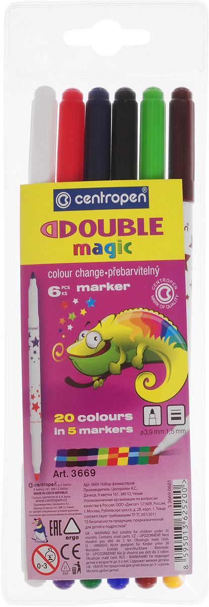 Centropen Набор фломастеров Doublemagic 20 цветов3669/6 Centropen Набор фломастеров Doublemagic 20 цветов3669/6Набор двухсторонних фломастеров от Centropen подойдет как и школьникам в их учебных и творческих делах ,так и взрослым за работой в офисе. Каждый фломастер заправлен 2 видами чернил. Цвет чернил соответствует цвету колпачка. В наборе 6 фломастеров: из них 5 фломастеров по два цвета и 1 белый фломастер, с помощью которого получаются другие цвета при нанесении его на определенный цвет. Такие интересные фломастеры понравятся взрослым и детям в качестве подарка.