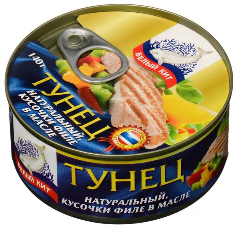 Белый кит тунец кусочками в масле, 140 ггрф004 Белый кит тунец кусочками в масле, 140 ггрф004Продукция изготавливается в Таиланде из охлажденного сырья . На заводе внедрена система контроля каждого этапа производства в соответствии с принципами ХАССП.