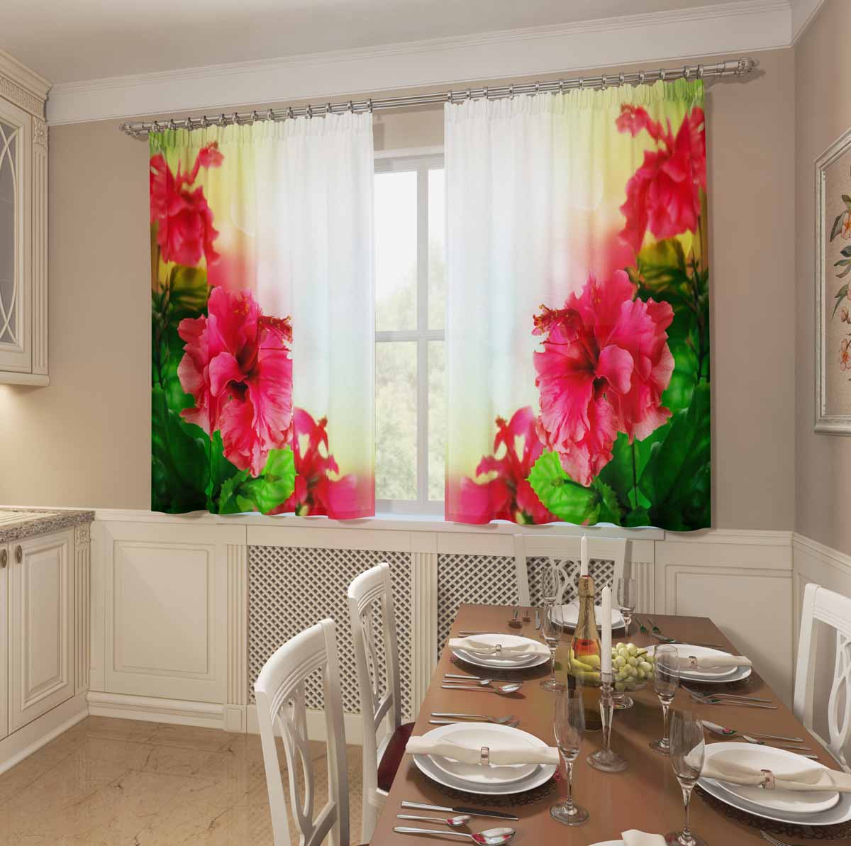 Фотошторы для кухни Сирень Цветы гибискуса, на ленте, высота 160 см07584-ФК-ГБ-002 Фотошторы для кухни Сирень Цветы гибискуса, на ленте, высота 160 см07584-ФК-ГБ-002Фотошторы для кухни Сирень, выполненные из материала Габардин (100% полиэстер) отлично дополнят украшение любого интерьера. Особенностью ткани габардин является небольшая плотность, из-за чего ткань хорошо пропускает воздух и солнечный свет. Ткань хорошо держит форму, не требует специального ухода. Яркая и чёткая картинка перенесенная на наши шторы будет радовать Вас каждый день. Крепление на карниз при помощи шторной ленты на крючки. В комплекте: Портьера: 2 шт. Размер (ШхВ): 145 см х 160 см. Рекомендации по уходу: стирка при 30 градусах гладить при температуре до 110 градусов Изображение на мониторе может немного отличаться от реального.