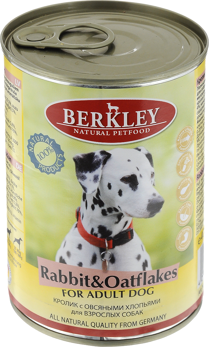 Консервы для собак Berkley, кролик с овсянкой, 400 г58383 Консервы для собак Berkley, кролик с овсянкой, 400 г58383Berkley - это полноценное консервированное питание для собак. Содержит нежное мясо кролика наилучшего качества с добавлением овсянки в ароматном бульоне. Консервы приготовлены исключительно из натурального сырья. Не содержат сои, искусственных красителей, ароматизаторов и консервантов. Товар сертифицирован.