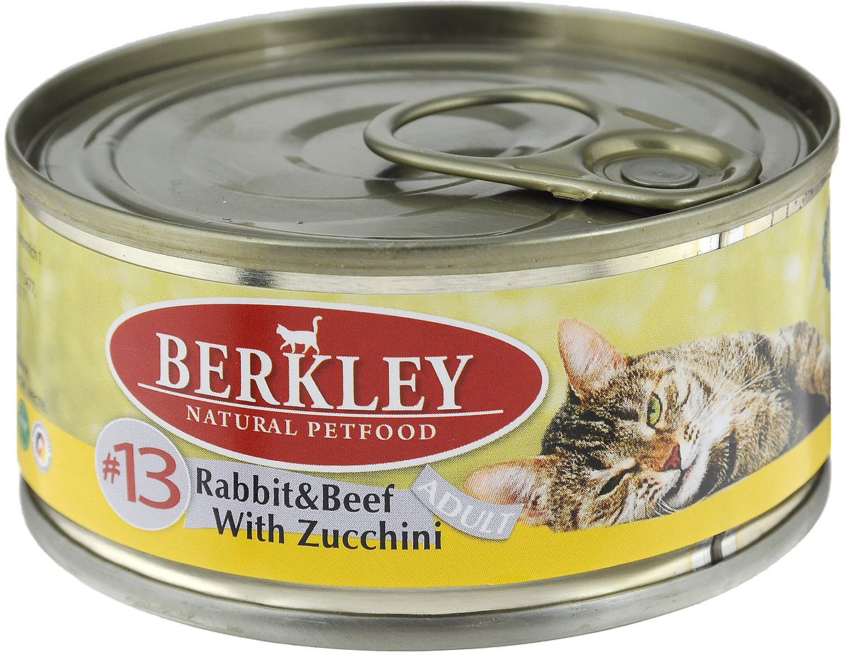 Консервы для кошек Berkley №13, кролик и говядина с цукини, 100 г69558 Консервы для кошек Berkley №13, кролик и говядина с цукини, 100 г69558Berkley №13 - это полноценное консервированное питание для кошек. Содержит нежное мясо кролика и говядины наилучшего качества с добавлением цукини в ароматном бульоне. Консервы приготовлены исключительно из натурального сырья. Не содержат сои, искусственных красителей, ароматизаторов и консервантов. Товар сертифицирован.