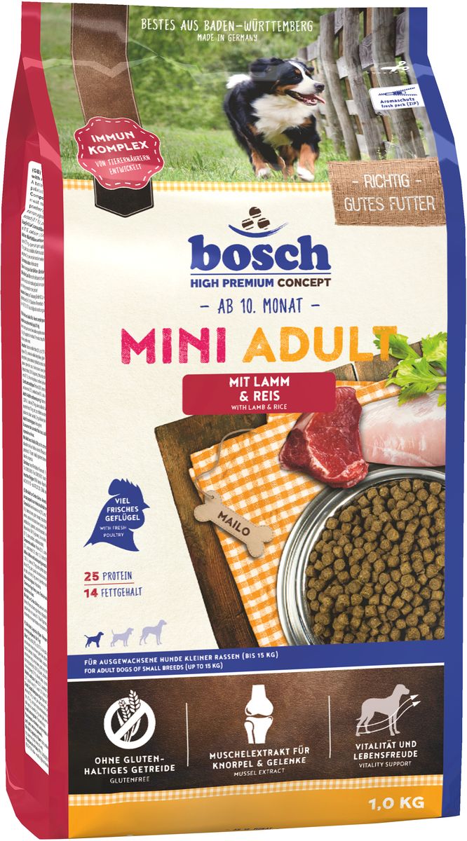 Корм сухой Bosch Mini Adult Lamb Rice для взрослых собак мелких пород, ягненок с рисом, 1 кг5338001 Корм сухой Bosch Mini Adult Lamb Rice для взрослых собак мелких пород, ягненок с рисом, 1 кг5338001Корм предназначен для полнорационного ежедневного питания для взрослых собак, но маленьких пород (вес взрослой собаки до 15 кг). Данный корм содержит только натуральные продукты из высококачественного мяса ягненка, рис, пшеницу, цельное яйцо. Пропорция жира и протеина рассчитана специально для собак мелких пород, так как они более активны и тратят больше энергии. Данный корм Bocsh Mini Lamb & Rice изготовлен из мяса ягненка, которое обладает очень низким аллергенным потенциалом, и поэтому подходит для собак склонных к аллергии, а также с чувствительной кожей и шестью. Корм имеет высокие вкусовые показатели, поэтому подойдет даже очень избирательным собакам. Состав: свежее мясо домашней птицы 20%, рис 17%, кукуруза, мясо домашней птицы, мука из мяса ягненка 5%, клейковина кукурузы, просо, животный жир, свекольная пульпа (без сахара), яичный порошок, гидролизованное мясо, льняное семя, рыбная мука, мука из свежего мяса, рыбий жир, дрожжи (минимум 0,1% маннан-олигосахариды,...