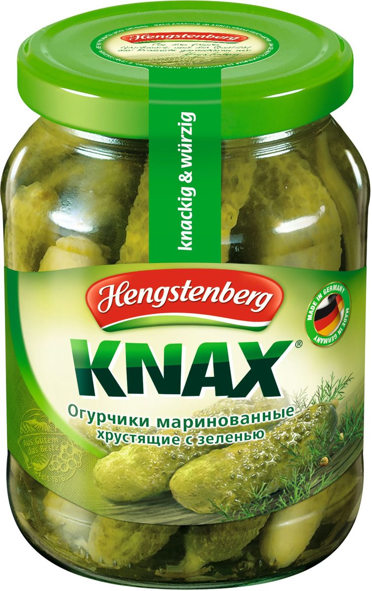 Hengstenberg Огурцы маринованные хрустящие Knax, 720 мл254150 Hengstenberg Огурцы маринованные хрустящие Knax, 720 мл254150Небольшие хрустящие огурчики, маринованные, с добавлением пряных трав.