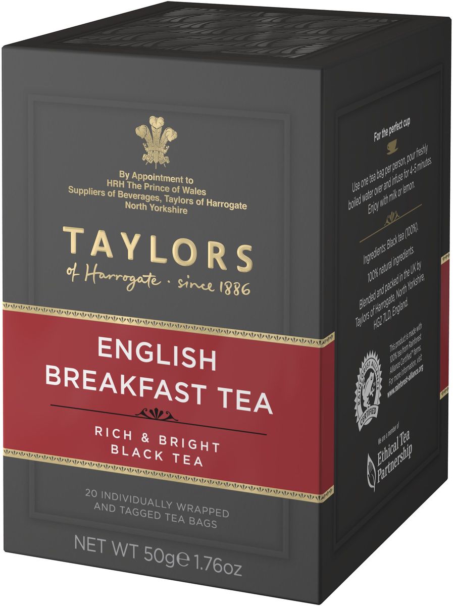 Taylors of Harrogate Английский завтрак чай черный байховый в пакетиках, 20 шт292400 Taylors of Harrogate Английский завтрак чай черный байховый в пакетиках, 20 шт292400Бодрящий освежающий чай высочайшего качества, приготовленный по традиционному рецепту. Рецепт изготовления чая Английский завтрак совершенствовался на протяжении долгого времени. Для получения бодрящего чая с глубоким насыщенным цветом мы отбираем лучшие чайные листочки с предгорий Африки и Шри-Ланки. Утонченный аристократический вкус чая Английский завтрак дает представление об истинно Английском чае. Способ приготовления: для приготовления одной чашки восхитительного напитка залейте 1 пакетик чая 180 мл горячей воды 100 С° и настаивайте в течение 4-5 минут. Добавьте молока или лимона по вкусу.