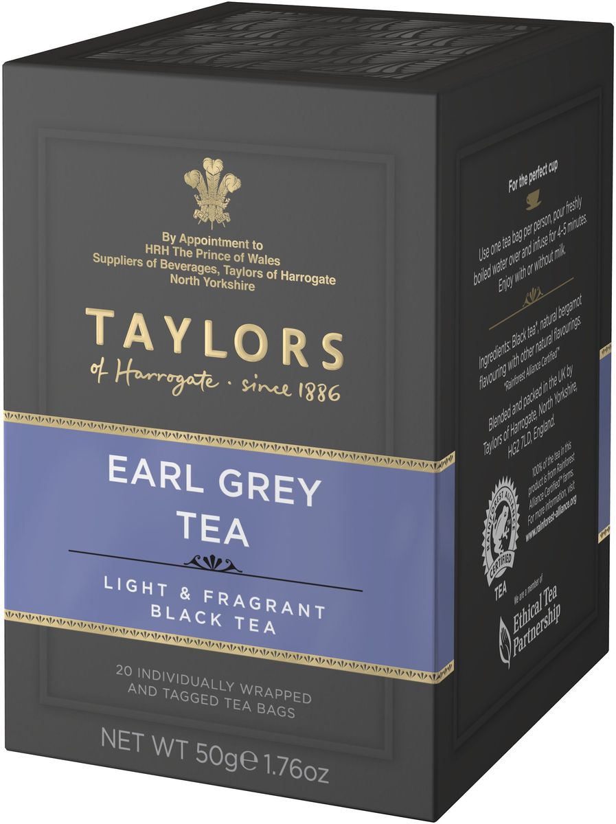 Taylors of Harrogate Эрл Грей чай черный байховый с ароматом бергамота в пакетиках, 20 шт292401 Taylors of Harrogate Эрл Грей чай черный байховый с ароматом бергамота в пакетиках, 20 шт292401Высококачественный черный чай с натуральным маслом бергамота. История появления этого чая окружена множеством легенд. В одной из них говорится о графе Грее, премьер-министре Британии в 1830-1834 гг. Во время дипломатической миссии в Китай один из его дипломатов спас жизнь китайского мандарина, за что был награжден секретным рецептом приготовления чая с бергамотом. Согласно преданию, этот чай восстанавливает гармонию души и тела. Наш чай Эрл Грей создан из лучших сортов черного чая и натурального масла бергамота. Прозрачный светлый чай с тонким ароматом бергамота стал классическим чаем, получившим мировую известность. Способ приготовления: для приготовления одной чашки восхитительного напитка залейте 1 пакетик чая Эрл Грей 180 мл горячей воды 100°С и настаивайте в течение 3-5 минут. Добавьте молока или лимона по вкусу.