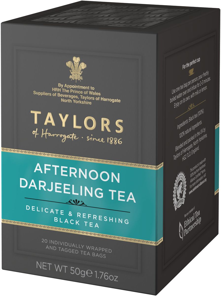 Taylors of Harrogate Дарджинг Полдник чай черный байховый в пакетиках, 20 шт292403 Taylors of Harrogate Дарджинг Полдник чай черный байховый в пакетиках, 20 шт292403Изысканная смесь сортов чая с плантаций на территории округа Дарджилинг в Северо - Восточной Индии. Этот элегантный напиток идеально подходит для полдника с кексами и пирожными. Чай собирают в чайных хозяйствах предгорий Гималаев на пике второго сезона - в момент, когда он достигает уровня наивысшего качества. При правильном его заваривании получается светлый напиток с утончённым мускатным, слегка терпким вкусом и цветочным ароматом. Такие свойства обеспечиваются особыми условиями произрастания чая: холодным и влажным климатом, высокогорным расположением плантаций и особенностями почвы. Способ приготовления: для приготовления одной чашки восхитительного напитка залейте 1 пакетик чая 180 мл горячей воды 100°С и настаивайте в течение 3-4 минут. Можно добавить молока или лимона по вкусу.