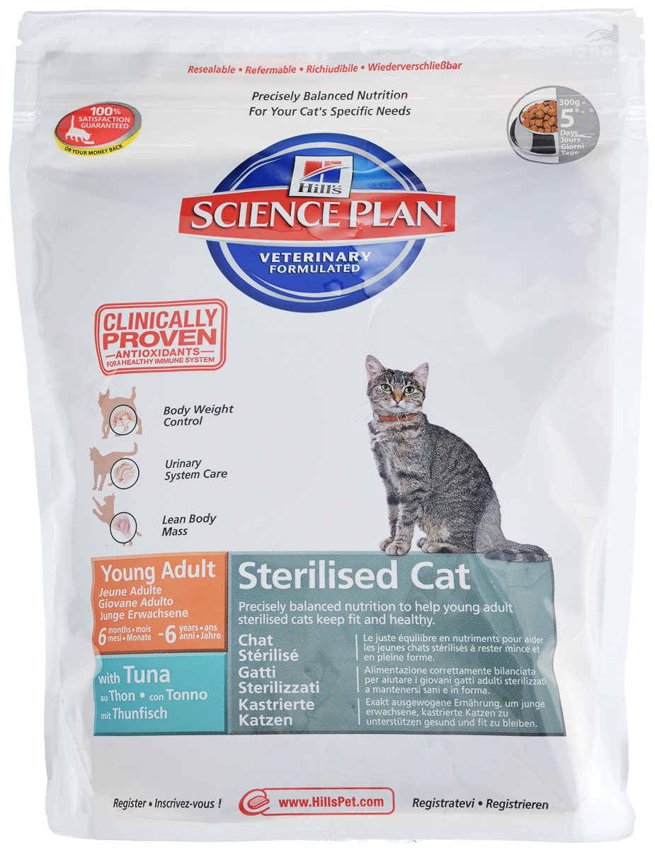 Корм сухой Hills Young Adult Sterilised Cat для стерилизованных кошек от 6 месяцев до 6 лет, с тунцом, 300 г9339 Корм сухой Hills Young Adult Sterilised Cat для стерилизованных кошек от 6 месяцев до 6 лет, с тунцом, 300 г9339Корм сухой Hills Young Adult Sterilised Cat рекомендуется для молодых стерилизованных кошек в возрасте от 6 месяцев до 6 лет. Это полноценное, точно сбалансированное питание, удовлетворяющее индивидуальные потребности вашей кошки. Корм содержит формулу контроля веса, поддерживает функции мочевыделительной системы, поддерживает мышечную массу.