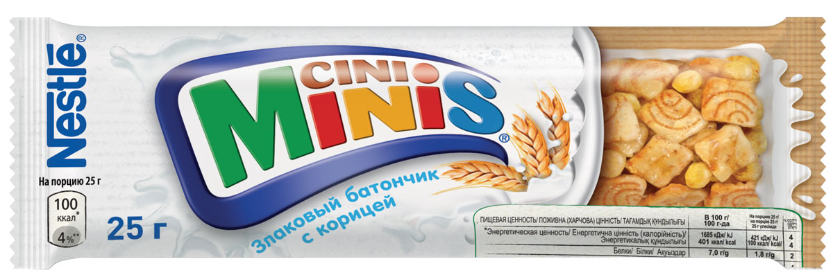Nestle Cini Minis Злаковый батончик с корицей, 25 г12315545 Nestle Cini Minis Злаковый батончик с корицей, 25 г12315545Великолепный вкус корицы и польза цельных злаков. - Необыкновенно вкусные, с натуральной корицей - Содержат цельные злаки - Обогащены витаминами, кальцием и железом
