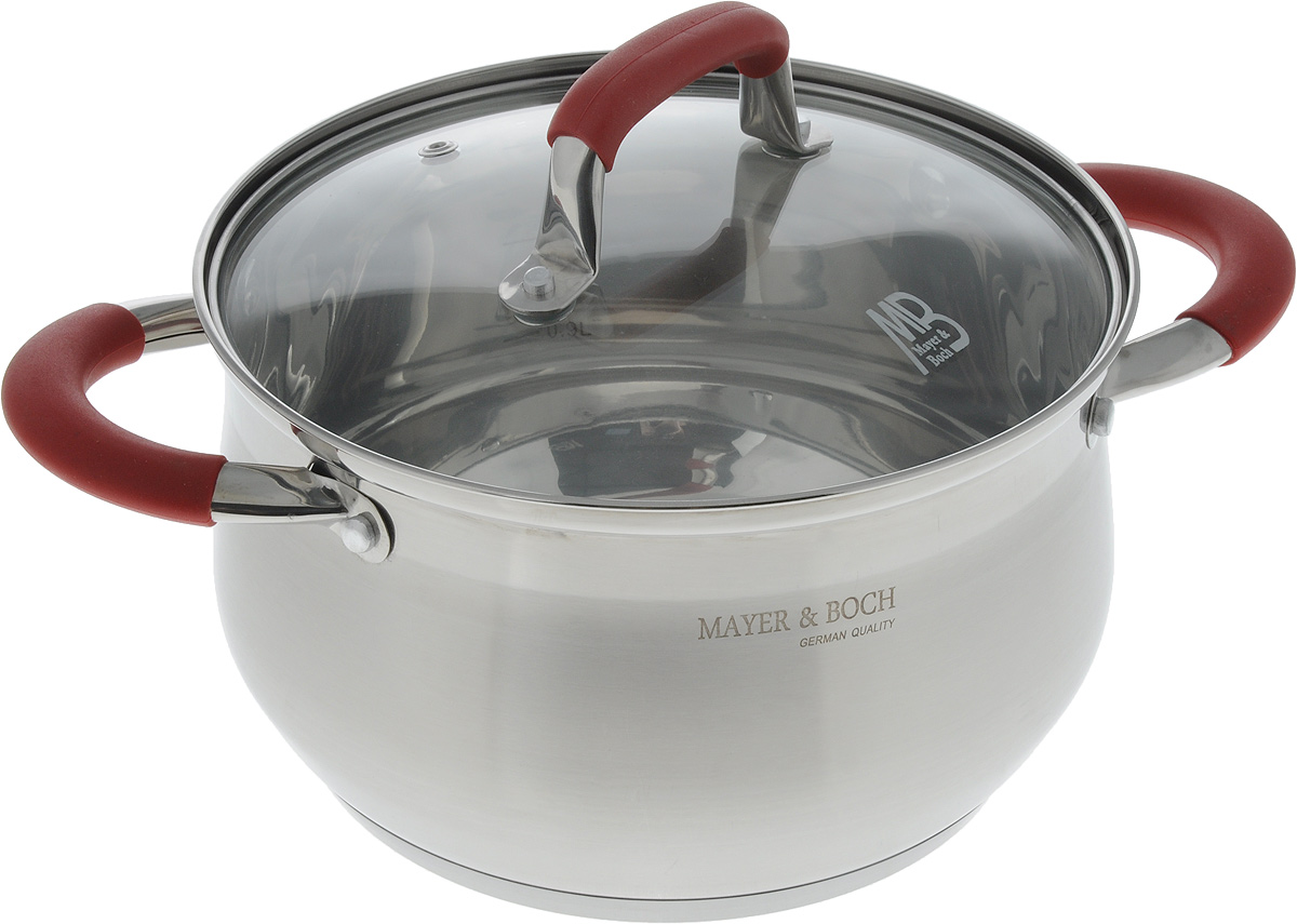 Кастрюля Mayer & Boch с крышкой, цвет: стальной, красный, 3,7 л22801_красный Кастрюля Mayer & Boch с крышкой, цвет: стальной, красный, 3,7 л22801_красныйКастрюля Mayer & Boch изготовлена из высококачественной нержавеющей стали. Комбинация матовой и зеркальной полировки внешнего покрытия придает изделию особо эстетичный стильный вид. Многослойное термоаккумулирующее дно кастрюли с прослойкой из алюминия и железа обеспечивает наилучшее распределение тепла. Ручки, оснащенные силиконовой накладкой, не перегреваются во время приготовления пищи. Крышка, выполненная из термостойкого стекла, позволяет следить за процессом приготовления пищи. Она снабжена отверстием для выхода пара и металлическим ободом. Кастрюля предназначена для здорового и экологичного приготовления пищи. Внутренняя гладкая поверхность легко чистится - можно мыть в воде руками или протирать полотенцем. Подходит для всех типов плит, включая индукционные. Не предназначена для СВЧ-печей. Можно мыть в посудомоечной машине. Подходит для хранения пищи в холодильнике. Диаметр кастрюли (по верхнему краю): 20 см. ...