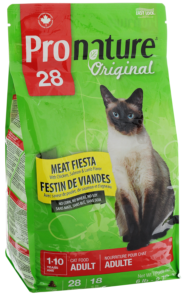 Корм сухой Pronature Original 28. Мясной праздник для взрослых кошек, с курицей и ягненком, 2,72 кг102.414 Корм сухой Pronature Original 28. Мясной праздник для взрослых кошек, с курицей и ягненком, 2,72 кг102.414Специально разработанный сбалансированный корм Pronature Original 28. Мясной праздник на основе куриного мяса и мяса ягненка оптимально поддерживает физическую форму и здоровье взрослых животных. Уникальная текстура и неповторимый вкус каждой гранулы обязательно доставит им удовольствие. Pronature Original 28. Мясной праздник предлагает вашему четвероногому другу вкусное разнообразное и сбалансированное меню. Тщательно разработанная на протяжении многих лет рецептура по праву завоевала сердца домашних любимцев, принося удовольствие с каждым кусочком! Корм подходит для кошек в возрасте от 1 года до 10 лет. Товар сертифицирован.