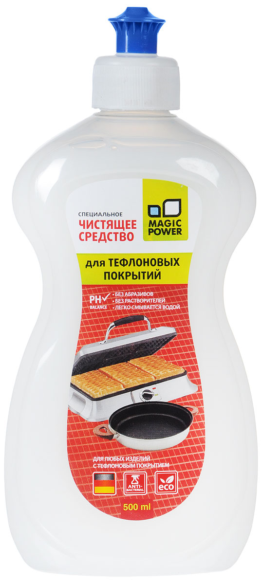 Средство для чистки и ухода за тефлоновыми покрытиями Magic Power, 500 млMP-026 Средство для чистки и ухода за тефлоновыми покрытиями Magic Power, 500 млMP-026Средство Magic Power предназначено для чистки и бережного ухода за тефлоновыми покрытиями. Быстро и эффективно удаляет, растворяет и смывает жир и стойкие загрязнения с тефлоновых покрытий. Легко смывается, не оставляет следов. Нежный и натуральный состав не раздражает кожу рук, делает ее гладкой. Средство pH-нейтрально. С приятным и нежным ароматом. Очень экономично в использовании. Подходит для любых изделий с тефлоновым покрытием.