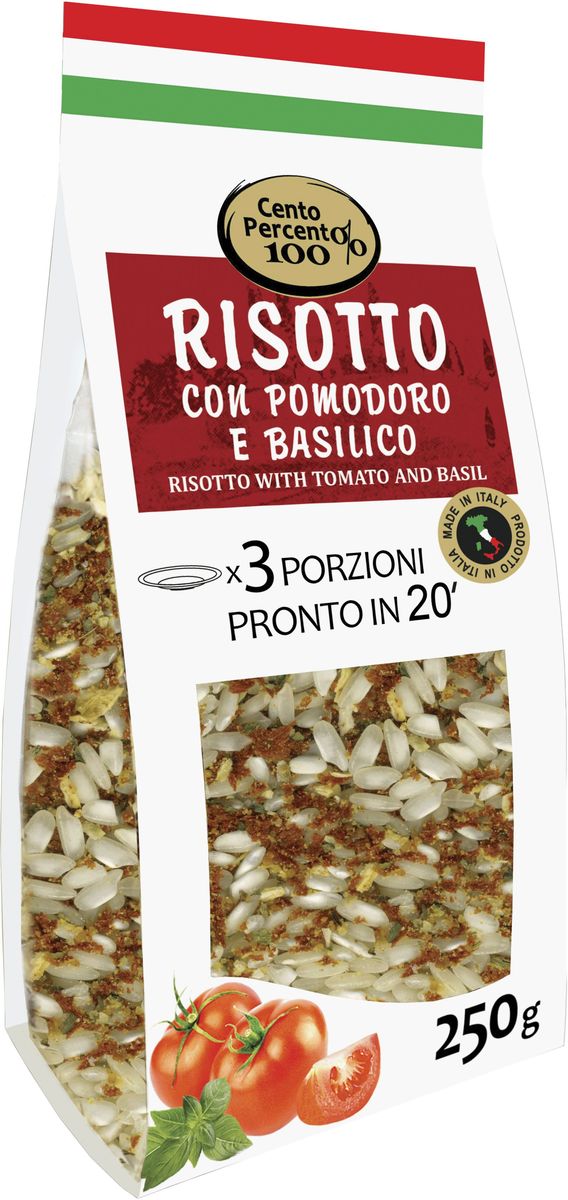 Cento Percento ризотто с томатами и базиликом, 250 г18476 Cento Percento ризотто с томатами и базиликом, 250 г18476Приготовить настоящее итальянское ризотто теперь легко! В этом вам поможет ризотто Cento Percento. Ризотто Cento Percento - это продукт, полностью произведенный в Италии. Ризотто с томатами и базиликом - это среднезерный итальянский рис Карнароли, сушеные томаты, базилик, а также специи и приправы. 20 минут - и 3 порции настоящего итальянского ризотто готовы!