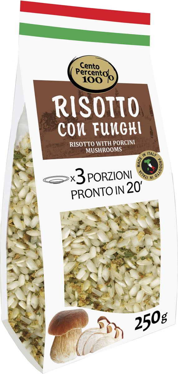 Cento Percento ризотто с белыми грибами, 250 г18475 Cento Percento ризотто с белыми грибами, 250 г18475Приготовить настоящее итальянское ризотто теперь легко! В этом вам поможет ризотто Cento Percento. Ризотто Cento Percento - это продукт, полностью произведенный в Италии. Ризотто с грибами - это среднезерный итальянский рис Карнароли, белые сушеные грибы Порчини крупной фракции, а также специи и приправы. 20 минут - и 3 порции настоящего итальянского ризотто готовы!