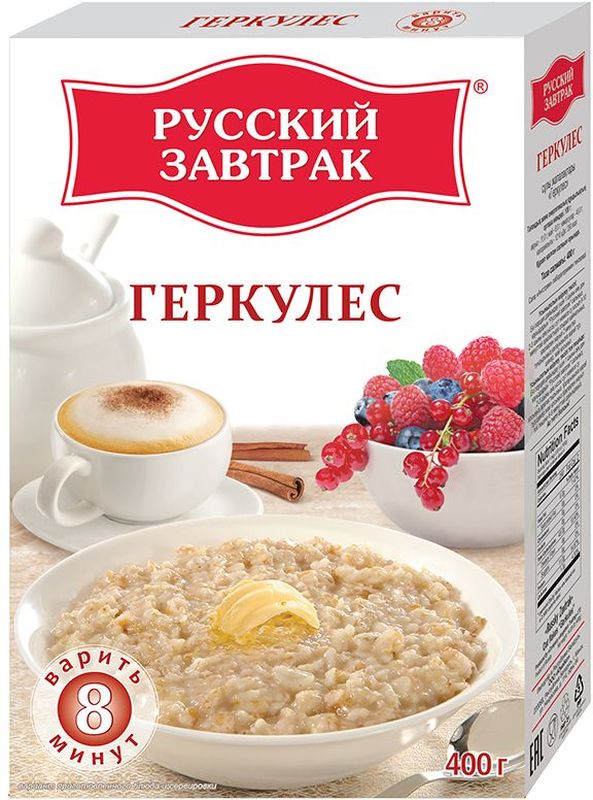 Русский Завтрак хлопья геркулес, 400 г73530 Русский Завтрак хлопья геркулес, 400 г73530Хлопья Русский Завтрак - это лучший выбор для вашего завтрака! Геркулес - это традиционные овсяные хлопья из цельного зерна, насыщенные клетчаткой, аминокислотами, витаминами и минералами, которые дадут вам заряд энергии и бодрости на весь день! 15 минут - и вкусный Русский Завтрак готов! Ничего лишнего, только польза!