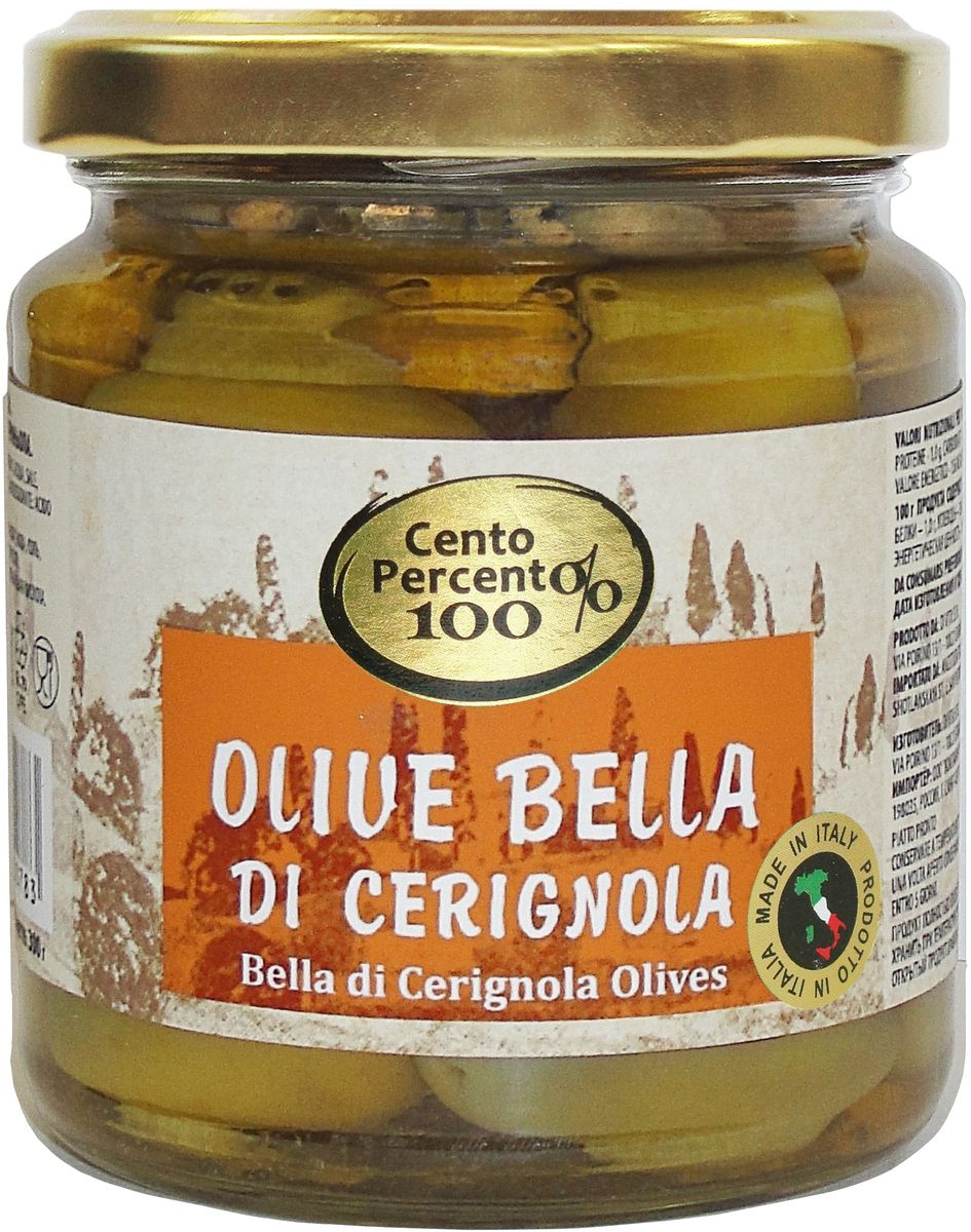Cento Percento оливки Ла Белла ди Чериньола, 300 г84019 Cento Percento оливки Ла Белла ди Чериньола, 300 г84019Оливки Ла Белла ди Чериньола Cento Percento - это большие овальные оливки с косточкой родом с юга Италии. Их нежный вкус и плотная текстура хорошо сохраняются в маринаде с небольшим количеством уксуса. Продукт полностью произведен в Италии.