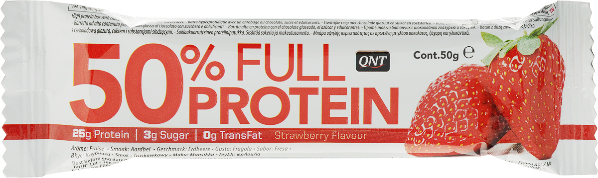 QNT Батончик 50% Full Prot bar, экзотик, клубника, 50 гQNT0984 QNT Батончик 50% Full Prot bar, экзотик, клубника, 50 гQNT0984Протеиновый батончик на основе 50% протеина ( изолят протеина и концентрированный сывороточный протеин): 25 гр в каждом батончике! Подобное соотношение белков оптимально для создания и поддержки мышечной массы. Без лишних жиров (0% транс жиров) и всего 3 гр сахара в каждом батончике!