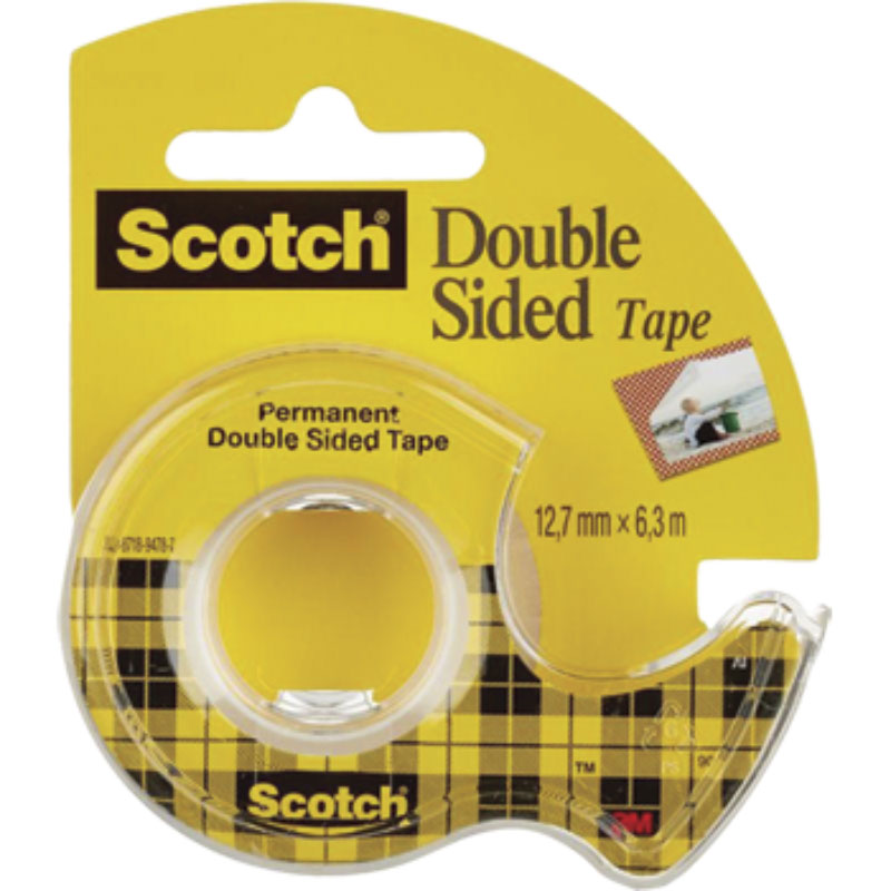 Scotch Двусторонняя клейкая лента на диспенсере 12,7 х 6300 мм136D-EEME_прозрачный/желтый Scotch Двусторонняя клейкая лента на диспенсере 12,7 х 6300 мм136D-EEME_прозрачный/желтыйДвусторонняя клейкая лента Scotch на диспенсере идеально подходит для крепления легких объектов, приклеивания фотографий, плакатов, упаковки подарков. Для компактной клейкой ленты на маленьком диспенсере с пластиковым ножом, легко найдется место на рабочем столе в офисе и дома.