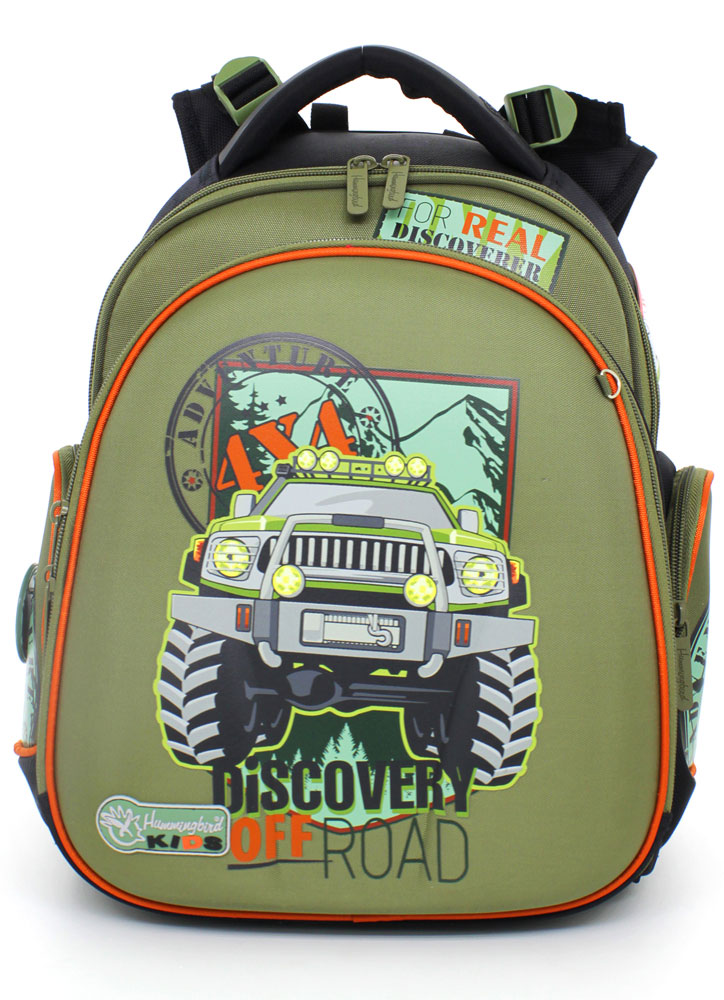 Hummingbird Ранец школьный Discovery Off RoadTK10 Hummingbird Ранец школьный Discovery Off RoadTK10Школьный ранец Hummingbird Discovery Off Road сочетает в себе оригинальный дизайн, удобство и практичность. Жесткий каркас и ортопедическая спинка Ergo System со специальной дышащей системой дарит комфорт и способствует улучшению осанки ребенка. Лямки ранца снабжены специальной пятиступенчатой регулировкой, позволяющей подростку самостоятельно выбирать наиболее комфортное расположение ранца на спине. Рюкзак имеет удобную ручку для переноски в руке и петлю для подвешивания на крючок. Модель имеет два отделения: одно - основное с перегородками для тетрадей или учебников и второе - для более плоских предметов. Внутри второго отделения расположены: органайзер, два сетчатых кармана, отделения для пишущих принадлежностей, кармашек для мобильного телефона и пластиковый карабин для ключей. Оба отделения закрываются на застежки-молнии с двумя бегунками. Ранец имеет два боковых накладных кармана на молнии. Грудное крепление предусмотрено для фиксации лямок на плечах ребенка. Прочные...