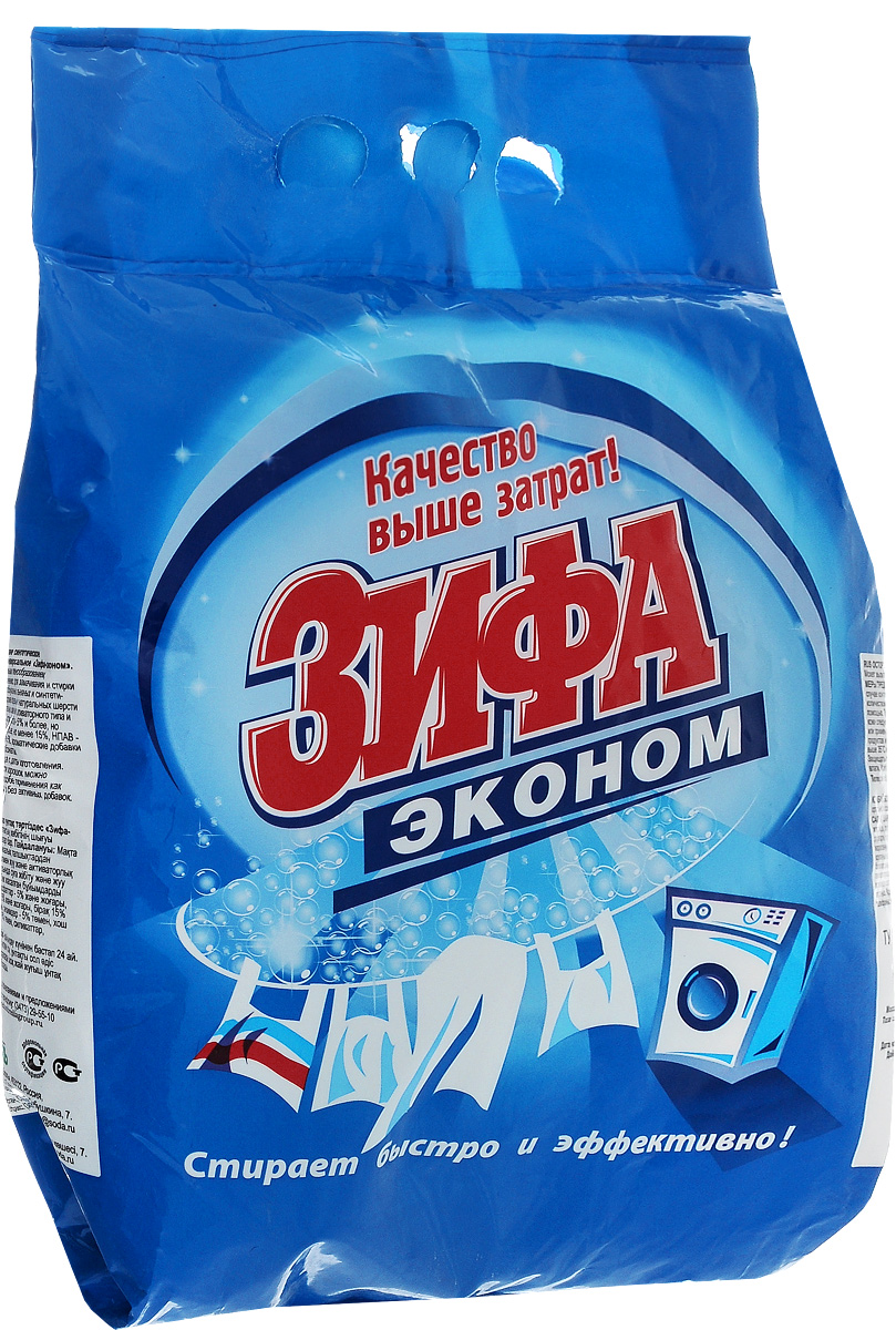 Стиральный порошок Зифа Эконом, 2,4 кг7731 Стиральный порошок Зифа Эконом, 2,4 кг7731Стиральный порошок Зифа Эконом предназначен для замачивания и стирки изделий из хлопчатобумажных, льняных и синтетических волокон(кроме изделий из натуральных шерсти и шелка)в стиральных машинах активаторного типа и ручной стирки. Товар сертифицирован.