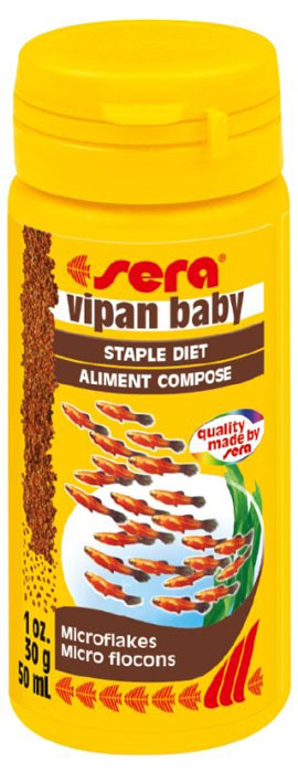 Корм для рыб Sera Vipan Baby, 50 мл (30 г)0730 Корм для рыб Sera Vipan Baby, 50 мл (30 г)0730Корм Sera Vipan Baby - комплексный корм для молоди декоративных рыб, кормящихся у поверхности воды. Тщательно подобранные ингредиенты корма с пребиотическим действием способствуют оптимальному развитию и устойчивости к заболеваниям. Ингредиенты: рыбная мука, пшеничная мука, пивные дрожжи, казеинат кальция, гаммарус, цельный яичный порошок, спирулина, морские водоросли, жир из печени рыбы (в т.ч. 34% Омега жирных кислот), растительное сырье, люцерна, крапива, мука из зеленых губчатых моллюсков, петрушка, паприка, шпинат, морковь, чеснок. Аналитический состав: протеин 45,9%, жиры 8,7%, клетчатка 2,3%, влажность 6,4%, зольные вещества 11,9%. Содержание добавок: витамин A 37.000 lU/kg, витамин D3 1.8O0 IU/kg, витамин E (D, L-a-tocopheryl acetate) 120 mg/kg, витамин B1 35 mg/kg, витамин В2 90 mg/kg, стабилизированный витамин С (L-aseorbyl monophosphate) 550 mg/kg. Содержит пищевые красители допустимые в ЕС. Товар сертифицирован.