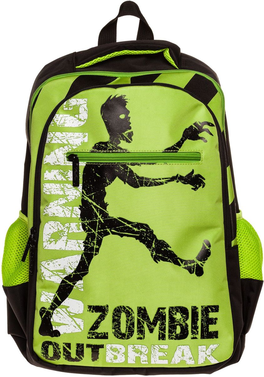 Hatber Рюкзак Basic Style ZombieNRk_19095 Hatber Рюкзак Basic Style ZombieNRk_19095Рюкзак Hatber Basic Style Zombie - это стильный молодежный рюкзак, отличающийся удобством и вместительностью. Изделие выполнено из полиэстера и оформлено принтом с изображением зомби. Рюкзак имеет 2 вместительных отделения, закрывающихся на застежку-молнию. В основном отделении расположен карман для тетрадей. Снаружи имеется 3 кармана: спереди - 1 карман на молнии, на боковых сторонах - 2 сетчатых кармана. Текстильная ручка обеспечивает возможность переноски рюкзака в одной руке. Дно и спинка изделия уплотнены. S-образная форма лямок отвечает за более плотную фиксацию рюкзака, предотвращая перенапряжение мышц спины.