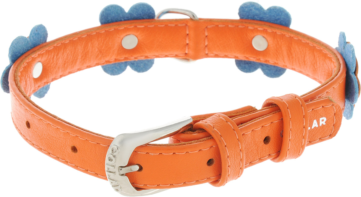 Ошейник для собак CoLLaR Glamour Аппликация, цвет: оранжевый, голубой, ширина 1,5 см, обхват шеи 27-36 см35014 Ошейник для собак CoLLaR Glamour Аппликация, цвет: оранжевый, голубой, ширина 1,5 см, обхват шеи 27-36 см35014Ошейник CoLLaR Glamour изготовлен из натуральной кожи, устойчивой к влажности и перепадам температур. Клеевой слой, сверхпрочные нити, крепкие металлические элементы делают ошейник надежным и долговечным. Изделие декорировано аппликациями в виде цветочков. Размер ошейника регулируется при помощи металлической пряжки. Имеется металлическое кольцо для крепления поводка. Ваша собака тоже хочет выглядеть стильно! Такой модный ошейник станет для питомца отличным украшением и выделит его среди остальных животных. Изделие отличается высоким качеством, удобством и универсальностью. Обхват шеи: 27-36 см. Ширина: 1,5 см.