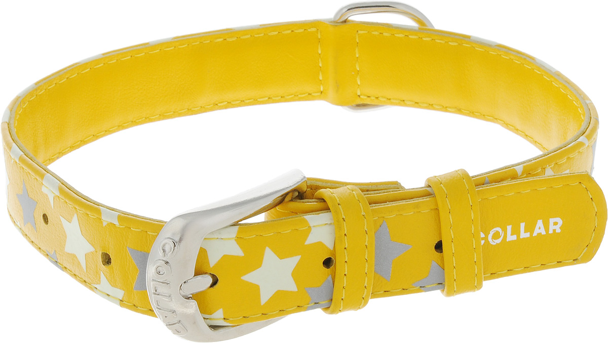 Ошейник для собак CoLLaR Glamour Звездочка, цвет: желтый, ширина 2,5 см, обхват шеи 38-49 см35878 Ошейник для собак CoLLaR Glamour Звездочка, цвет: желтый, ширина 2,5 см, обхват шеи 38-49 см35878Ошейник для собак CoLLaR Glamour Звездочка изготовлен из кожи и декорирован оригинальным рисунком. Специальная технология печати по коже позволяет наносить на ошейник устойчивый рисунок, обладающий одновременно светоотражающим и светонакопительным эффектом. Ошейник устойчив к влажности и перепадам температур. Сверхпрочные нити, крепкие металлические элементы делают ошейник надежным и долговечным. Обхват ошейника регулируется при помощи пряжки. Ошейник оснащен металлическим кольцом для крепления поводка. Изделие отличается высоким качеством, удобством и универсальностью. Минимальный обхват шеи: 38 см. Максимальный обхват шеи: 49 см. Ширина ошейника: 2,5 см. Длина ошейника: 54 см.