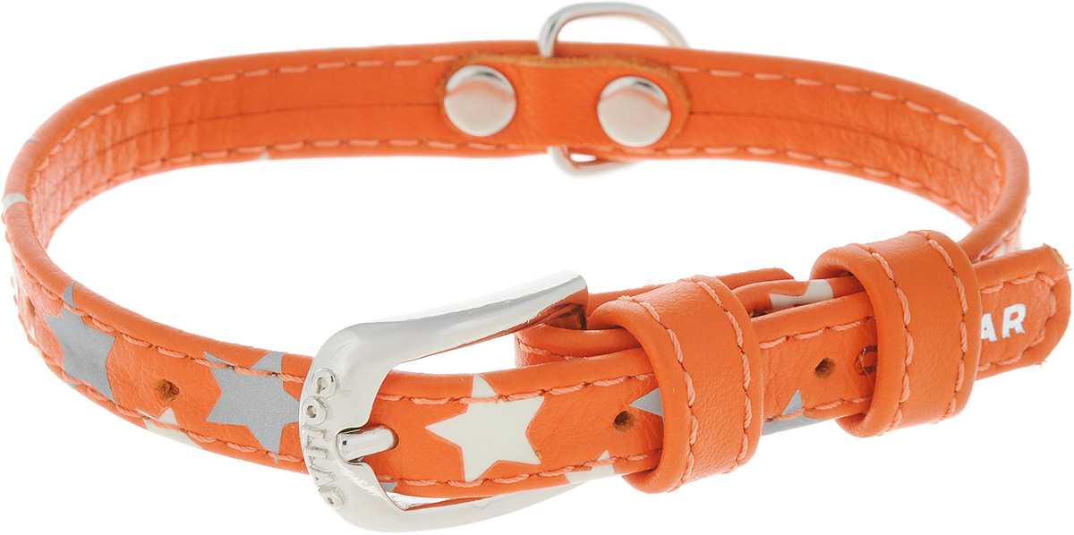 Ошейник для собак CoLLaR Glamour Звездочка, цвет: оранжевый, ширина 1,2 см, обхват шеи 21-29 см35844 Ошейник для собак CoLLaR Glamour Звездочка, цвет: оранжевый, ширина 1,2 см, обхват шеи 21-29 см35844Ошейник для собак CoLLaR Glamour Звездочка изготовлен из натуральной кожи и декорирован оригинальным рисунком. Специальная технология печати по коже позволяет наносить на ошейник устойчивый рисунок, обладающий одновременно светоотражающим и светонакопительным эффектом. Ошейник устойчив к влажности и перепадам температур. Сверхпрочные нити, крепкие металлические элементы делают ошейник надежным и долговечным. Обхват ошейника регулируется при помощи пряжки. Ошейник оснащен металлическим кольцом для крепления поводка. Изделие отличается высоким качеством, удобством и универсальностью. Минимальный обхват шеи: 21 см. Максимальный обхват шеи: 29 см. Ширина ошейника: 1,2 см.