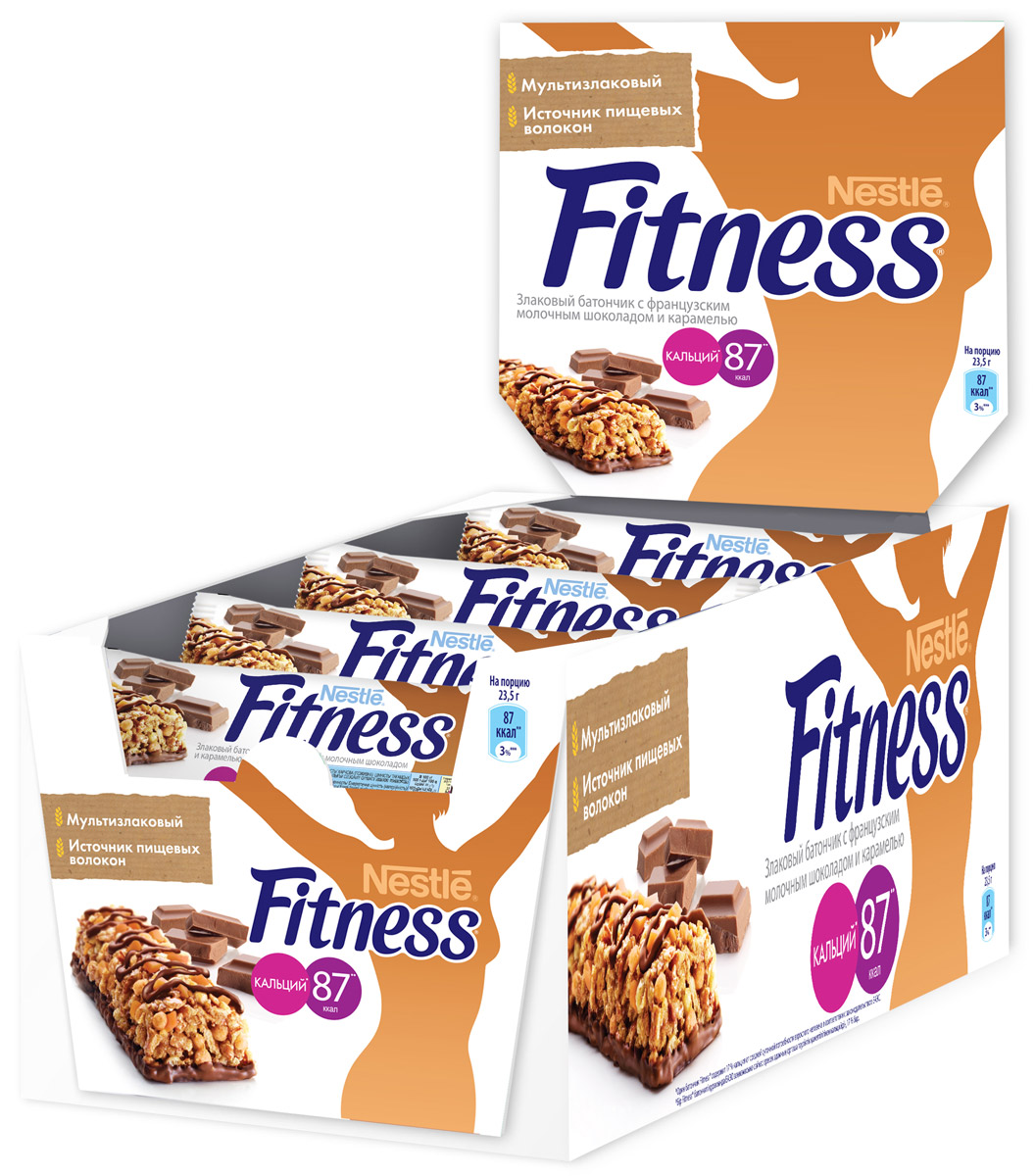 Nestle Fitness Злаковый батончик с французским молочным шоколадом и карамелью, 24 шт по 23,5 г5900020028587 Nestle Fitness Злаковый батончик с французским молочным шоколадом и карамелью, 24 шт по 23,5 г5900020028587Батончик Nestle Fitness с карамелью - полезный перекус без вреда для вашей фигуры! Батончик Fitness содержит много клетчатки и мало жира. Клетчатка в цельных злаках регулирует пищеварение, способствуя поддержанию оптимального веса тела (при условии сбалансированного питания и регулярных физических активностей). Сложные углеводы перевариваются медленнее и позволяют сохранять чувство сытости дольше.