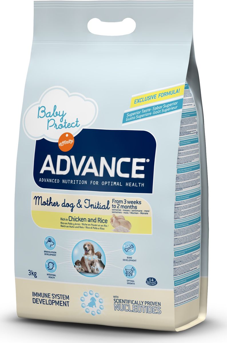 Корму сухой Advance для щенков от 3 недель до 2 месяцев Baby Protect Initial, 3 кг. 50031013042 Корму сухой Advance для щенков от 3 недель до 2 месяцев Baby Protect Initial, 3 кг. 50031013042Advance – высококачественный корм супер-премиум класса Испанской компании Affinity Petcare, которая занимает лидирующие места на Европейском и мировом рынках. Корм разработан с учетом всех особенностей развития и жизнедеятельности собак и кошек. В линейке кормов Advance любой хозяин может подобрать необходимое питание в соответствии с возрастом и уникальными особенностями своего животного, а также в случае назначения специалистами ветеринарной диеты. Курица (21%), дегидрированный животный белок, рис (17%), мука из маиса, животный жир, маис, гидролизированный белок животного происхождения, свекольный жом, дрожжи, рыбий жир, кокосовое масло, плазменный протеин, казеинат, хлористый калий, инулин, соль, нуклеотиды. Affinity Petcare имеет собственную лабораторию, а также сотрудничает со множеством международных исследовательских центров, благодаря чему специалисты постоянно совершенствуют рецептуру и полезные свойства своих кормов. В составе главным источником белка является СВЕЖЕЕ мясо,...