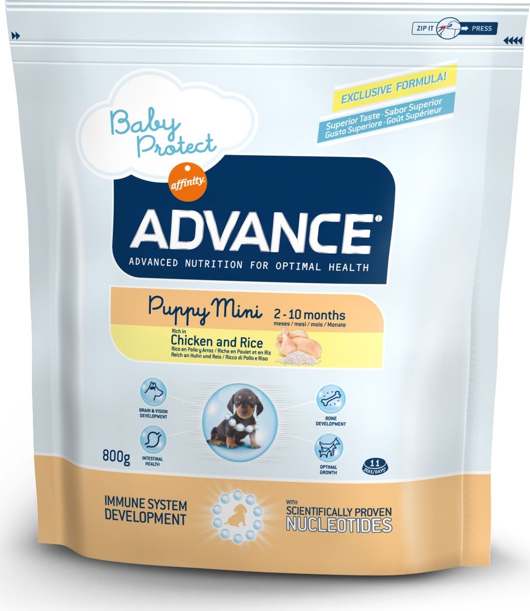 Корму сухой Advance для щенков малых пород с 2 до 10 месяцев Baby Protect Mini, 0,8 кг. 50111013043 Корму сухой Advance для щенков малых пород с 2 до 10 месяцев Baby Protect Mini, 0,8 кг. 50111013043Advance – высококачественный корм супер-премиум класса Испанской компании Affinity Petcare, которая занимает лидирующие места на Европейском и мировом рынках. Корм разработан с учетом всех особенностей развития и жизнедеятельности собак и кошек. В линейке кормов Advance любой хозяин может подобрать необходимое питание в соответствии с возрастом и уникальными особенностями своего животного, а также в случае назначения специалистами ветеринарной диеты. Курица (20%), рис (17%), дегидрированное мясо курицы, мука из маиса, животный жир, маис, пшеница, гидролизированный белок животного происхождения, свекольный жом, рыбий жир,яичный порошок, дрожжи, плазменный протеин, хлористый калий, соль, трикальцийфосфат, нуклеотиды. Affinity Petcare имеет собственную лабораторию, а также сотрудничает со множеством международных исследовательских центров, благодаря чему специалисты постоянно совершенствуют рецептуру и полезные свойства своих кормов. В составе главным источником белка является СВЕЖЕЕ...