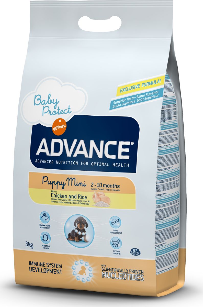 Корму сухой Advance для щенков малых пород с 2 до 10 месяцев Baby Protect Mini, 3 кг. 50131913044 Корму сухой Advance для щенков малых пород с 2 до 10 месяцев Baby Protect Mini, 3 кг. 50131913044Advance – высококачественный корм супер-премиум класса Испанской компании Affinity Petcare, которая занимает лидирующие места на Европейском и мировом рынках. Корм разработан с учетом всех особенностей развития и жизнедеятельности собак и кошек. В линейке кормов Advance любой хозяин может подобрать необходимое питание в соответствии с возрастом и уникальными особенностями своего животного, а также в случае назначения специалистами ветеринарной диеты. Курица (20%), рис (17%), дегидрированное мясо курицы, мука из маиса, животный жир, маис, пшеница, гидролизированный белок животного происхождения, свекольный жом, рыбий жир,яичный порошок, дрожжи, плазменный протеин, хлористый калий, соль, трикальцийфосфат, нуклеотиды. Affinity Petcare имеет собственную лабораторию, а также сотрудничает со множеством международных исследовательских центров, благодаря чему специалисты постоянно совершенствуют рецептуру и полезные свойства своих кормов. В составе главным источником белка является СВЕЖЕЕ...