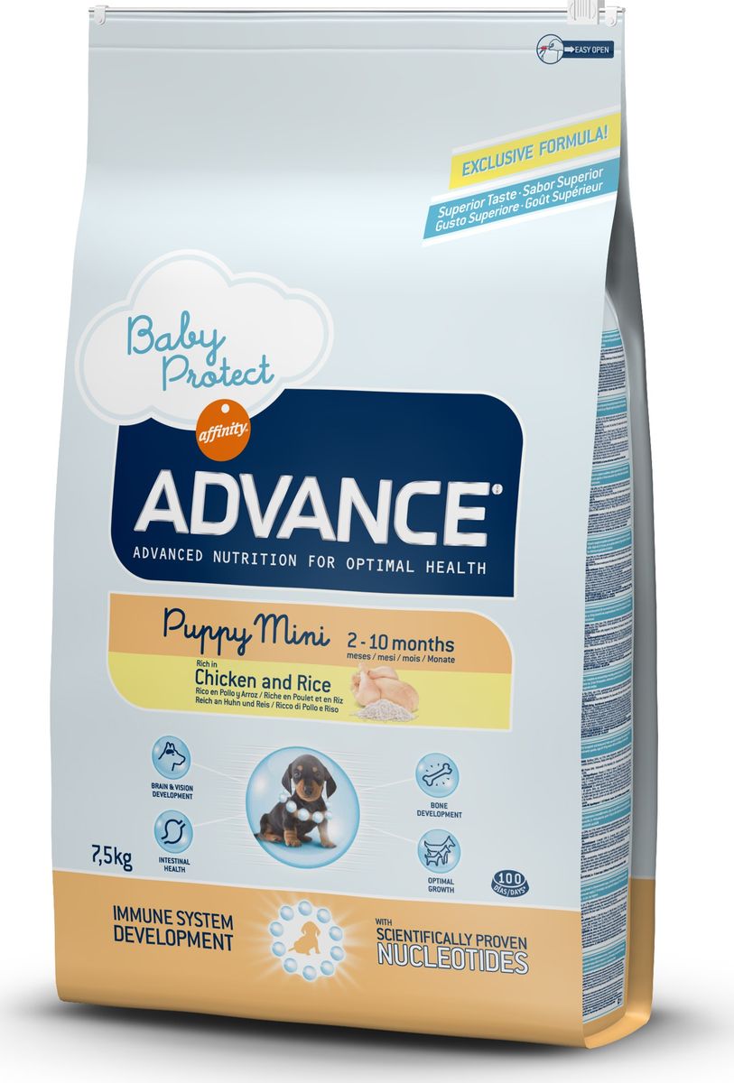 Корму сухой Advance для щенков малых пород с 2 до 10 месяцев Baby Protect Mini, 7,5 кг. 54441113045 Корму сухой Advance для щенков малых пород с 2 до 10 месяцев Baby Protect Mini, 7,5 кг. 54441113045Advance – высококачественный корм супер-премиум класса Испанской компании Affinity Petcare, которая занимает лидирующие места на Европейском и мировом рынках. Корм разработан с учетом всех особенностей развития и жизнедеятельности собак и кошек. В линейке кормов Advance любой хозяин может подобрать необходимое питание в соответствии с возрастом и уникальными особенностями своего животного, а также в случае назначения специалистами ветеринарной диеты. Курица (20%), рис (17%), дегидрированное мясо курицы, мука из маиса, животный жир, маис, пшеница, гидролизированный белок животного происхождения, свекольный жом, рыбий жир,яичный порошок, дрожжи, плазменный протеин, хлористый калий, соль, трикальцийфосфат, нуклеотиды. Affinity Petcare имеет собственную лабораторию, а также сотрудничает со множеством международных исследовательских центров, благодаря чему специалисты постоянно совершенствуют рецептуру и полезные свойства своих кормов. В составе главным источником белка является СВЕЖЕЕ...