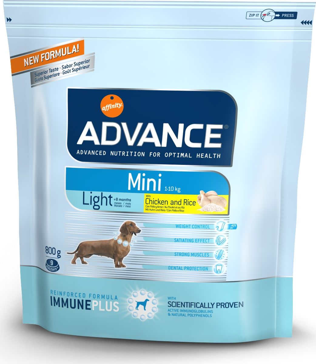 Корму сухой Advance Контроль веса для собак малых пород Mini Light, 0,8 кг. 54611913049 Корму сухой Advance Контроль веса для собак малых пород Mini Light, 0,8 кг. 54611913049Advance – высококачественный корм супер-премиум класса Испанской компании Affinity Petcare, которая занимает лидирующие места на Европейском и мировом рынках. Корм разработан с учетом всех особенностей развития и жизнедеятельности собак и кошек. В линейке кормов Advance любой хозяин может подобрать необходимое питание в соответствии с возрастом и уникальными особенностями своего животного, а также в случае назначения специалистами ветеринарной диеты. Курица (15%), пшеница, рис (12%), мука из пшеницы,маисовый глютен, дегидрированное мясо курицы, гидролизированный белок животного происхождения, маис, свекольный жом, дегидрированный белок свинины,кукурузные отруби, животный жир, дрожжи, рыбий жир, растительные волокна, хлористый калий, плазменный протеин, карбонат кальция, пирофосфорнокислый натрий, соль,монокальцийфосфат, природные полифенолы. Affinity Petcare имеет собственную лабораторию, а также сотрудничает со множеством международных исследовательских центров, благодаря чему...