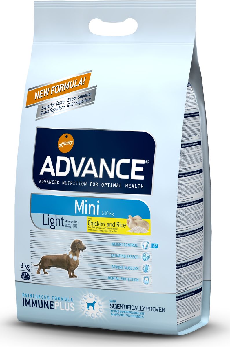 Корму сухой Advance Контроль веса для собак малых пород Mini Light, 3 кг. 50331913050 Корму сухой Advance Контроль веса для собак малых пород Mini Light, 3 кг. 50331913050Advance – высококачественный корм супер-премиум класса Испанской компании Affinity Petcare, которая занимает лидирующие места на Европейском и мировом рынках. Корм разработан с учетом всех особенностей развития и жизнедеятельности собак и кошек. В линейке кормов Advance любой хозяин может подобрать необходимое питание в соответствии с возрастом и уникальными особенностями своего животного, а также в случае назначения специалистами ветеринарной диеты. Курица (15%), пшеница, рис (12%), мука из пшеницы,маисовый глютен, дегидрированное мясо курицы, гидролизированный белок животного происхождения, маис, свекольный жом, дегидрированный белок свинины,кукурузные отруби, животный жир, дрожжи, рыбий жир, растительные волокна, хлористый калий, плазменный протеин, карбонат кальция, пирофосфорнокислый натрий, соль,монокальцийфосфат, природные полифенолы. Affinity Petcare имеет собственную лабораторию, а также сотрудничает со множеством международных исследовательских центров, благодаря чему...