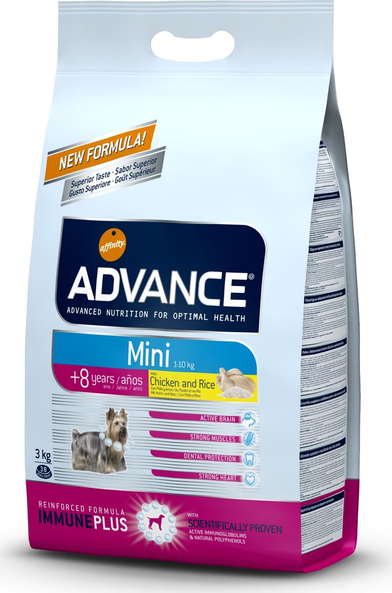 Корму сухой Advance для собак малых пород старше 8 лет Mini Senior, 3 кг. 54731113052 Корму сухой Advance для собак малых пород старше 8 лет Mini Senior, 3 кг. 54731113052Advance – высококачественный корм супер-премиум класса Испанской компании Affinity Petcare, которая занимает лидирующие места на Европейском и мировом рынках. Корм разработан с учетом всех особенностей развития и жизнедеятельности собак и кошек. В линейке кормов Advance любой хозяин может подобрать необходимое питание в соответствии с возрастом и уникальными особенностями своего животного, а также в случае назначения специалистами ветеринарной диеты. Курица (16%), мука из маиса, дегидрированное мясо курицы, пшеница, рис (10%), мука из пшеницы, маис, гидролизированный белок животного происхождения, животный жир, свекольный жом, кукурузые отруби, яичный порошок, дрожжи, рыбий жир, хлористый калий, плазменный протеин, карбонат кальция, пирофосфорнокислый натрий, глюкозамин, хондроитин сульфат, природные полифенолы. Affinity Petcare имеет собственную лабораторию, а также сотрудничает со множеством международных исследовательских центров, благодаря чему специалисты постоянно совершенствуют...