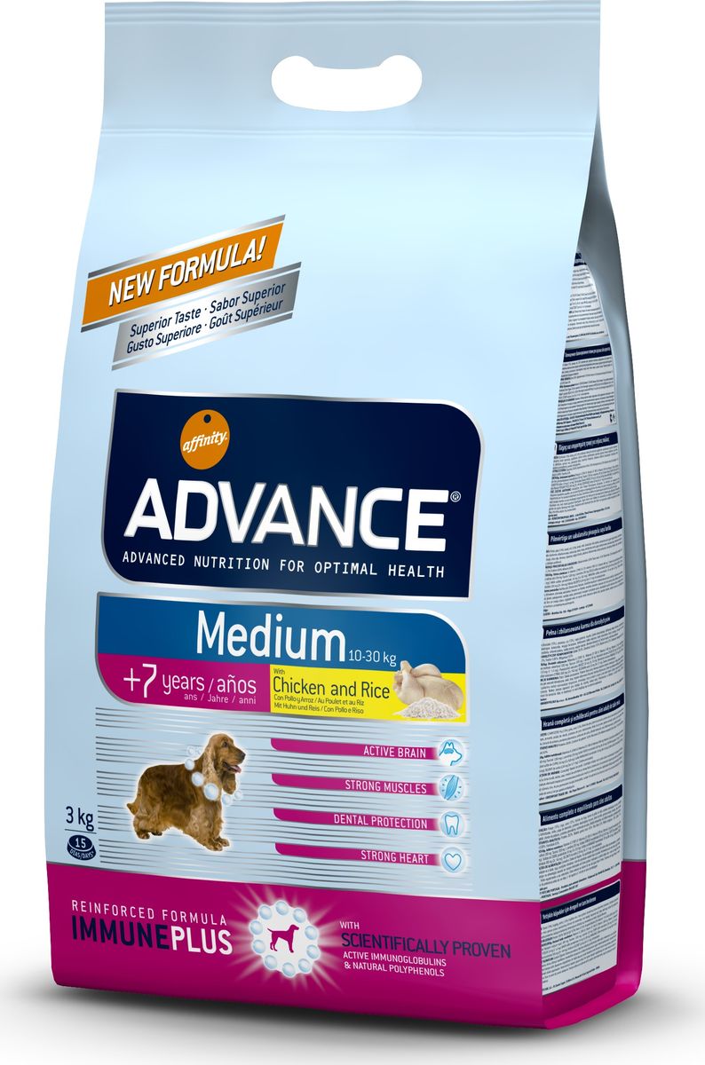 Корму сухой Advance для собак средних пород старше 7 лет Medium Senior, 3 кг. 55331113061 Корму сухой Advance для собак средних пород старше 7 лет Medium Senior, 3 кг. 55331113061Advance – высококачественный корм супер-премиум класса Испанской компании Affinity Petcare, которая занимает лидирующие места на Европейском и мировом рынках. Корм разработан с учетом всех особенностей развития и жизнедеятельности собак и кошек. В линейке кормов Advance любой хозяин может подобрать необходимое питание в соответствии с возрастом и уникальными особенностями своего животного, а также в случае назначения специалистами ветеринарной диеты. Курица (14%), мука из маиса, пшеница, дегидрированное мясо курицы, рис (10%), мука из пшеницы, маис, гидролизированный белок животного происхождения,кукурузные отруби, свекольный жом, животный жир, дрожжи,яичный порошок, рыбий жир, хлористый калий, плазменный протеин, пирофосфорнокислый натрий, глюкозамин, хондроитинсульфат, природные полифенолы. Affinity Petcare имеет собственную лабораторию, а также сотрудничает со множеством международных исследовательских центров, благодаря чему специалисты постоянно совершенствуют рецептуру и...