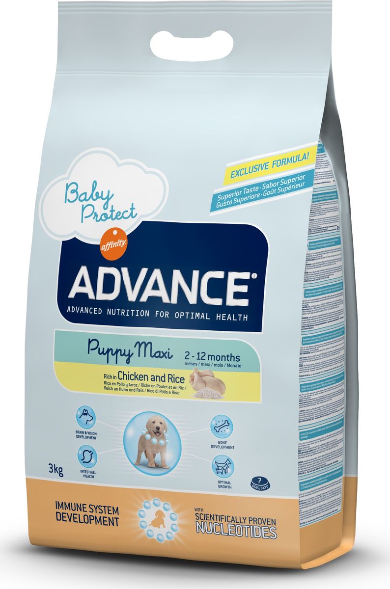 Корму сухой Advance для щенков крупных пород от 2 до 12 месяцев Baby Protect Maxi, 3 кг. 51331913063 Корму сухой Advance для щенков крупных пород от 2 до 12 месяцев Baby Protect Maxi, 3 кг. 51331913063Advance – высококачественный корм супер-премиум класса Испанской компании Affinity Petcare, которая занимает лидирующие места на Европейском и мировом рынках. Корм разработан с учетом всех особенностей развития и жизнедеятельности собак и кошек. В линейке кормов Advance любой хозяин может подобрать необходимое питание в соответствии с возрастом и уникальными особенностями своего животного, а также в случае назначения специалистами ветеринарной диеты. Курица (16%), рис (15%), дегидрированное мясо курицы, мука из маиса, пшеница, маис, животный жир, гидролизированный белок животного происхождения, свекольный жом, дрожжи,яичный порошок, гидролизированное масло подсолнечника, рыбий жир, плазменный протеинs,овсяныe волокна, хлористый калий, соль, трикальцийфосфат, нуклеотиды, глюкозамин, хондроитинсульфат. Affinity Petcare имеет собственную лабораторию, а также сотрудничает со множеством международных исследовательских центров, благодаря чему специалисты постоянно совершенствуют рецептуру и...