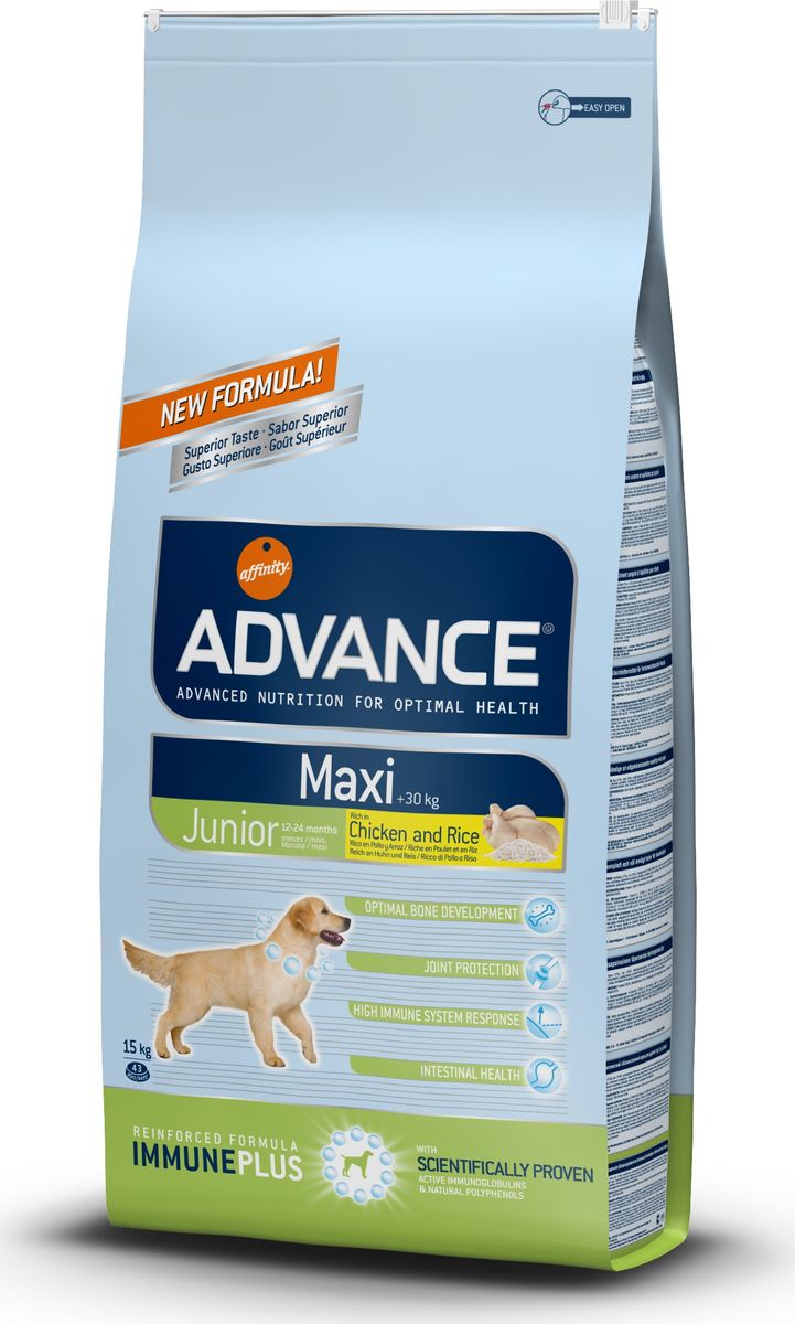 Корму сухой Advance для собак крупных пород 12-24 мес Maxi Junior, 15 кг. 51451913066 Корму сухой Advance для собак крупных пород 12-24 мес Maxi Junior, 15 кг. 51451913066Advance – высококачественный корм супер-премиум класса Испанской компании Affinity Petcare, которая занимает лидирующие места на Европейском и мировом рынках. Корм разработан с учетом всех особенностей развития и жизнедеятельности собак и кошек. В линейке кормов Advance любой хозяин может подобрать необходимое питание в соответствии с возрастом и уникальными особенностями своего животного, а также в случае назначения специалистами ветеринарной диеты. Курица (17%), рис (15%), маисовый глютен, дегидрированное мясо курицы, пшеница, маис, животный жир, гидролизированный белок животного происхождения, свекольный жом, дегидрированный белок тунца, овсяные волокна, дрожжи,яичный порошок, рыбий жир, хлористый калий, плазменный протеинs, соль,монокальцийфосфат, глюкозамин, хондроитинсульфат, природные полифенолы. Affinity Petcare имеет собственную лабораторию, а также сотрудничает со множеством международных исследовательских центров, благодаря чему специалисты постоянно совершенствуют...