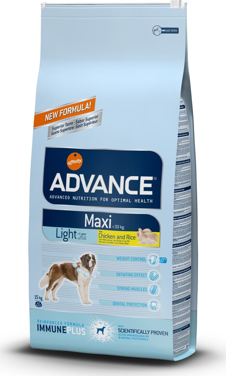 Корму сухой Advance Контроль веса для взрослых собак крупных пород Maxi Light, 15 кг. 55951113069 Корму сухой Advance Контроль веса для взрослых собак крупных пород Maxi Light, 15 кг. 55951113069Advance – высококачественный корм супер-премиум класса Испанской компании Affinity Petcare, которая занимает лидирующие места на Европейском и мировом рынках. Корм разработан с учетом всех особенностей развития и жизнедеятельности собак и кошек. В линейке кормов Advance любой хозяин может подобрать необходимое питание в соответствии с возрастом и уникальными особенностями своего животного, а также в случае назначения специалистами ветеринарной диеты. Курица (15%), пшеница, рис (12%), маис, дегидрированное мясо курицы, маисовый глютен, гидролизированный белок животного происхождения, кукурузные отруби, свекольный жом, дегидрированный белок свинины, животный жир, дрожжи, рыбий жир,карбонат кальция, хлористый калий, плазменный протеинs, растительные волокна, пирофосфорнокислый натрий, трикальцийфосфат, глюкозамин, хондроитинсульфат, природные полифенолы Affinity Petcare имеет собственную лабораторию, а также сотрудничает со множеством международных исследовательских центров, благодаря...